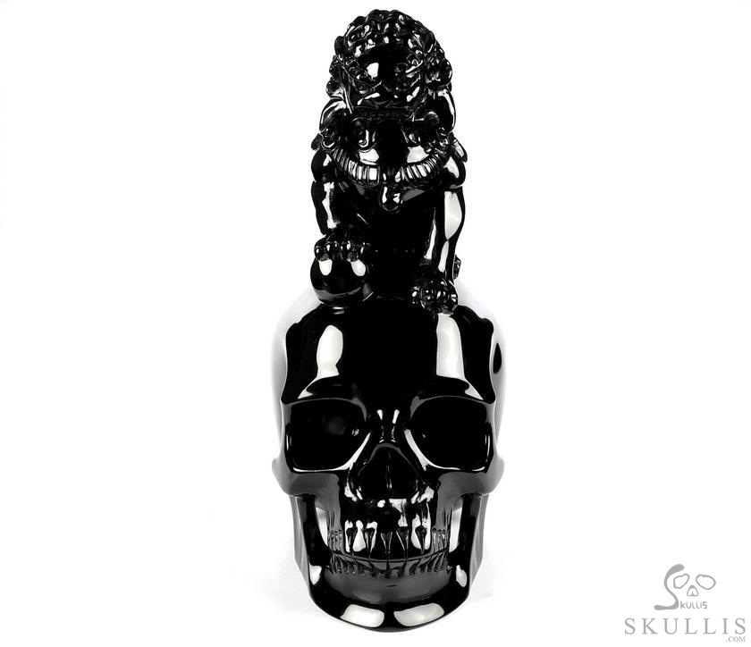 6.8" Black Obsidian Carved Crystal Skull With Lion, Crystal Healing 6.8" Black Obsidian Carved Crystal Skull With Lion, Crystal Healing