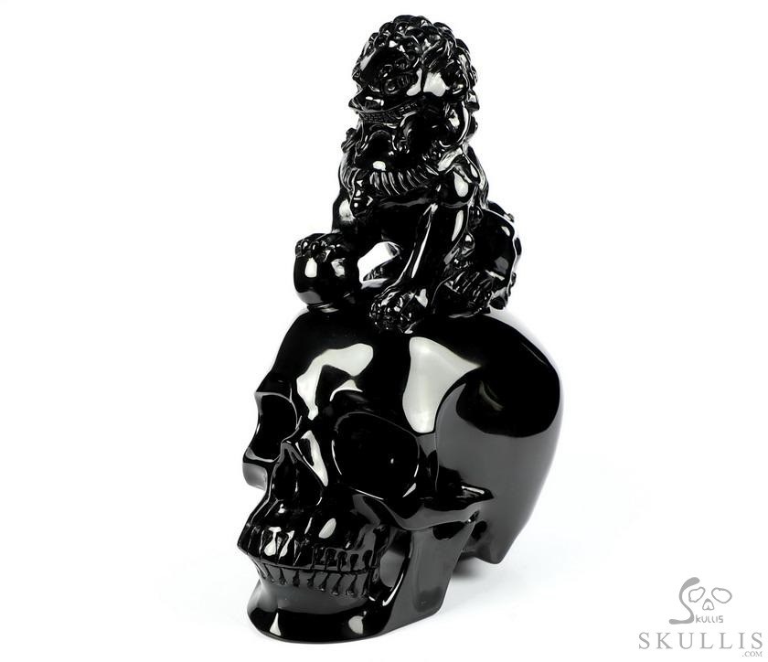 6.8" Black Obsidian Carved Crystal Skull With Lion, Crystal Healing 6.8" Black Obsidian Carved Crystal Skull With Lion, Crystal Healing