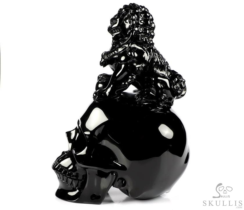 6.8" Black Obsidian Carved Crystal Skull With Lion, Crystal Healing 6.8" Black Obsidian Carved Crystal Skull With Lion, Crystal Healing