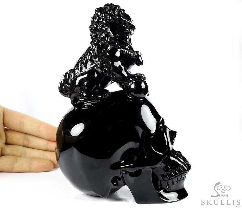 6.8" Black Obsidian Carved Crystal Skull With Lion, Crystal Healing 6.8" Black Obsidian Carved Crystal Skull With Lion, Crystal Healing