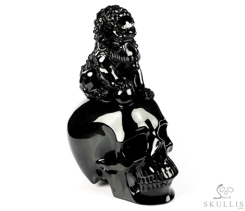 6.8" Black Obsidian Carved Crystal Skull With Lion, Crystal Healing 6.8" Black Obsidian Carved Crystal Skull With Lion, Crystal Healing