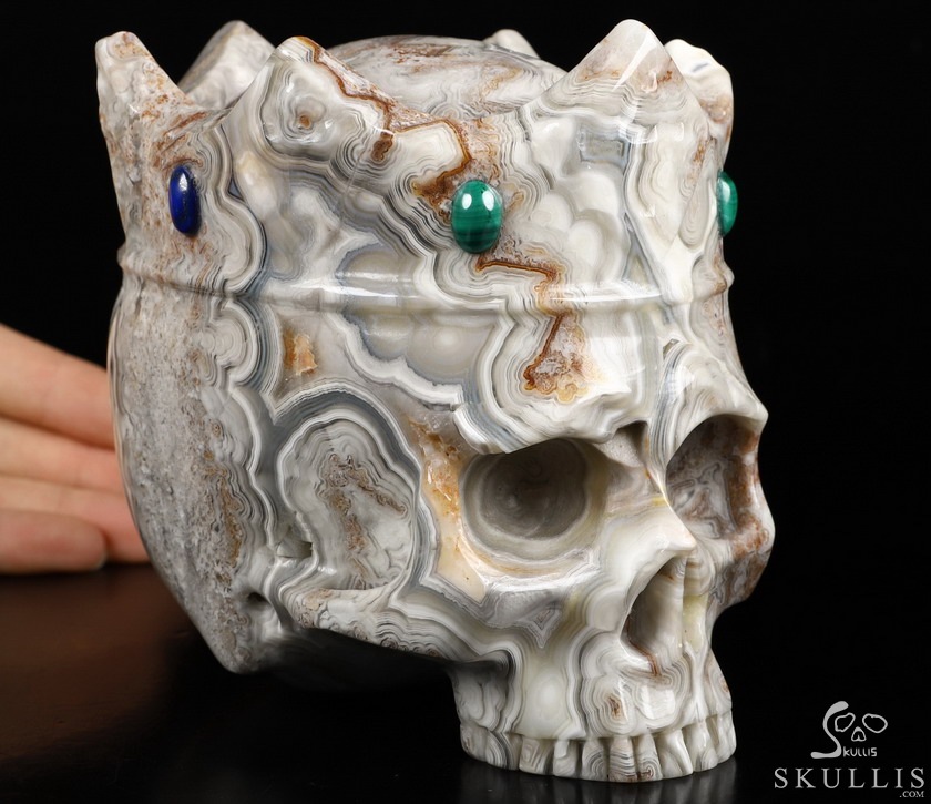 5.2" Crazy Lace Agate Carved Crystal Crown Skull & Malachite、Lapis Lazuli、Red Jasper Inlay 5.2" Crazy Lace Agate Carved Crystal Crown Skull & Malachite、Lapis Lazuli、Red Jasper Inlay