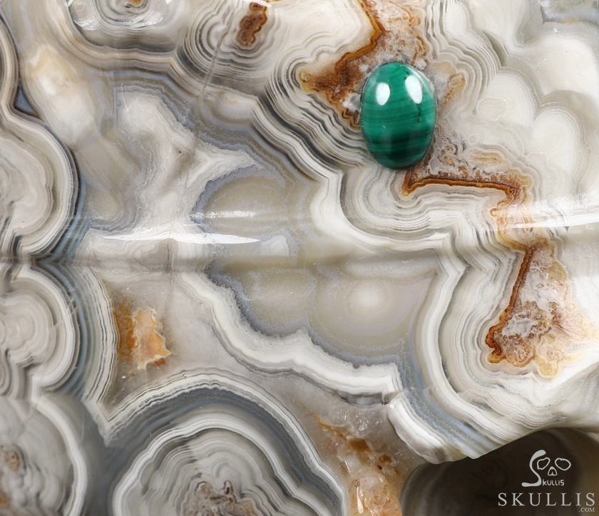 5.2" Crazy Lace Agate Carved Crystal Crown Skull & Malachite、Lapis Lazuli、Red Jasper Inlay 5.2" Crazy Lace Agate Carved Crystal Crown Skull & Malachite、Lapis Lazuli、Red Jasper Inlay