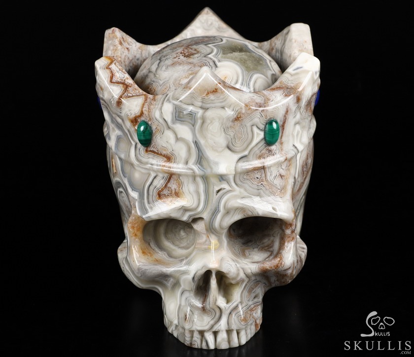 5.2" Crazy Lace Agate Carved Crystal Crown Skull & Malachite、Lapis Lazuli、Red Jasper Inlay 5.2" Crazy Lace Agate Carved Crystal Crown Skull & Malachite、Lapis Lazuli、Red Jasper Inlay