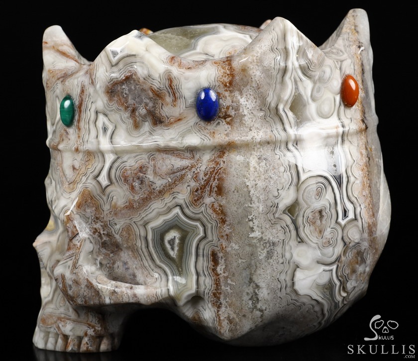 5.2" Crazy Lace Agate Carved Crystal Crown Skull & Malachite、Lapis Lazuli、Red Jasper Inlay 5.2" Crazy Lace Agate Carved Crystal Crown Skull & Malachite、Lapis Lazuli、Red Jasper Inlay