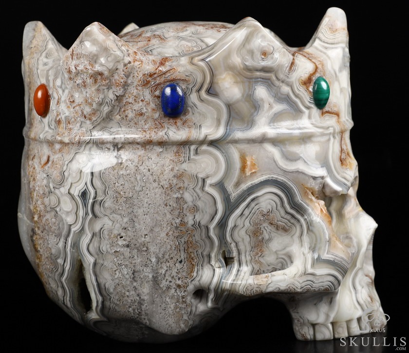 5.2" Crazy Lace Agate Carved Crystal Crown Skull & Malachite、Lapis Lazuli、Red Jasper Inlay 5.2" Crazy Lace Agate Carved Crystal Crown Skull & Malachite、Lapis Lazuli、Red Jasper Inlay