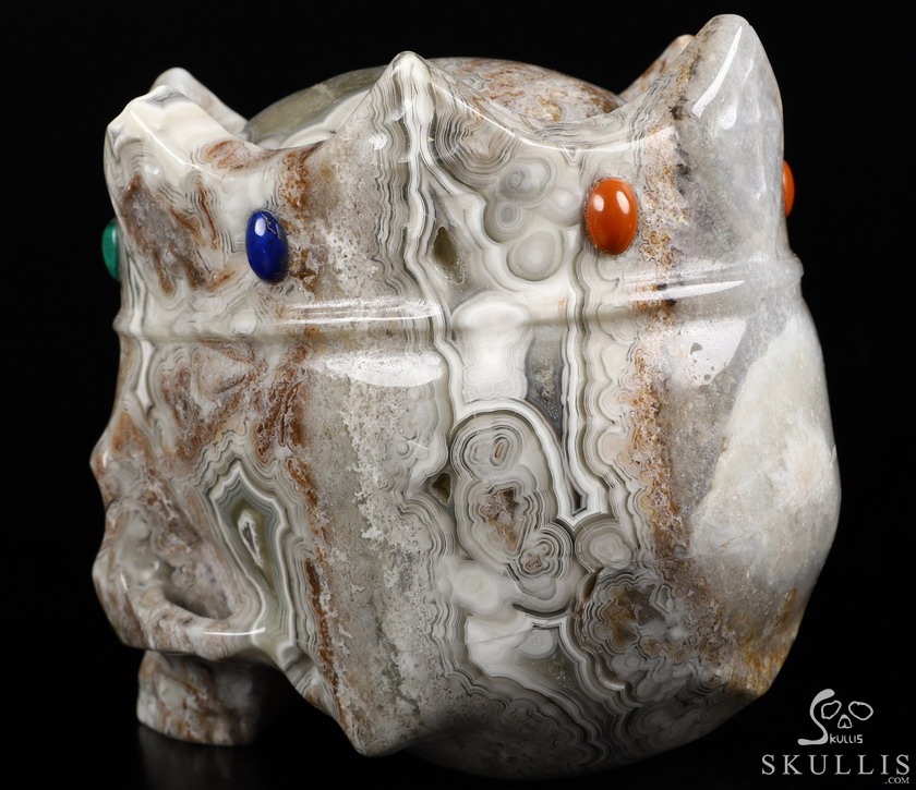 5.2" Crazy Lace Agate Carved Crystal Crown Skull & Malachite、Lapis Lazuli、Red Jasper Inlay 5.2" Crazy Lace Agate Carved Crystal Crown Skull & Malachite、Lapis Lazuli、Red Jasper Inlay