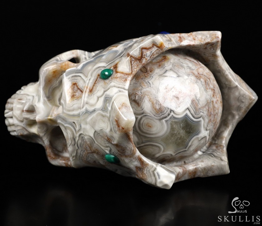 5.2" Crazy Lace Agate Carved Crystal Crown Skull & Malachite、Lapis Lazuli、Red Jasper Inlay 5.2" Crazy Lace Agate Carved Crystal Crown Skull & Malachite、Lapis Lazuli、Red Jasper Inlay