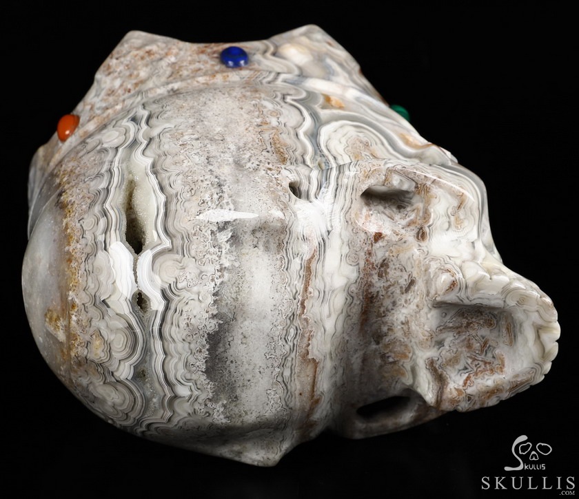 5.2" Crazy Lace Agate Carved Crystal Crown Skull & Malachite、Lapis Lazuli、Red Jasper Inlay 5.2" Crazy Lace Agate Carved Crystal Crown Skull & Malachite、Lapis Lazuli、Red Jasper Inlay