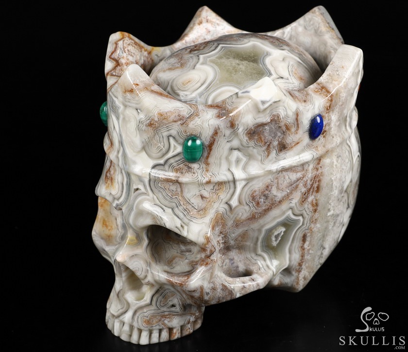 5.2" Crazy Lace Agate Carved Crystal Crown Skull & Malachite、Lapis Lazuli、Red Jasper Inlay 5.2" Crazy Lace Agate Carved Crystal Crown Skull & Malachite、Lapis Lazuli、Red Jasper Inlay