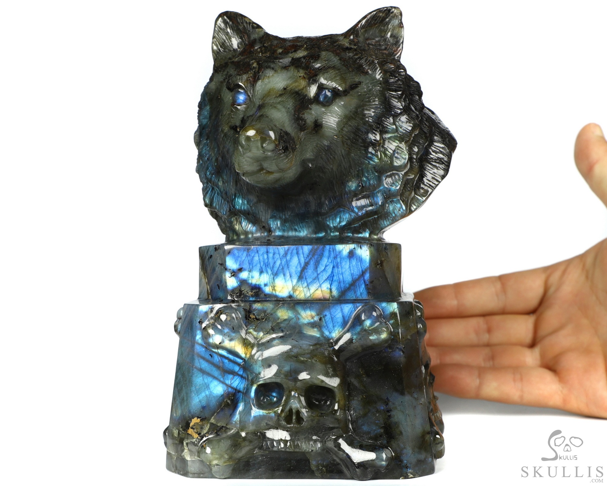 6.9" Flash Labradorite Carved Crystal Skull & Wolf, Crystal Healing 6.9" Flash Labradorite Carved Crystal Skull & Wolf, Crystal Healing
