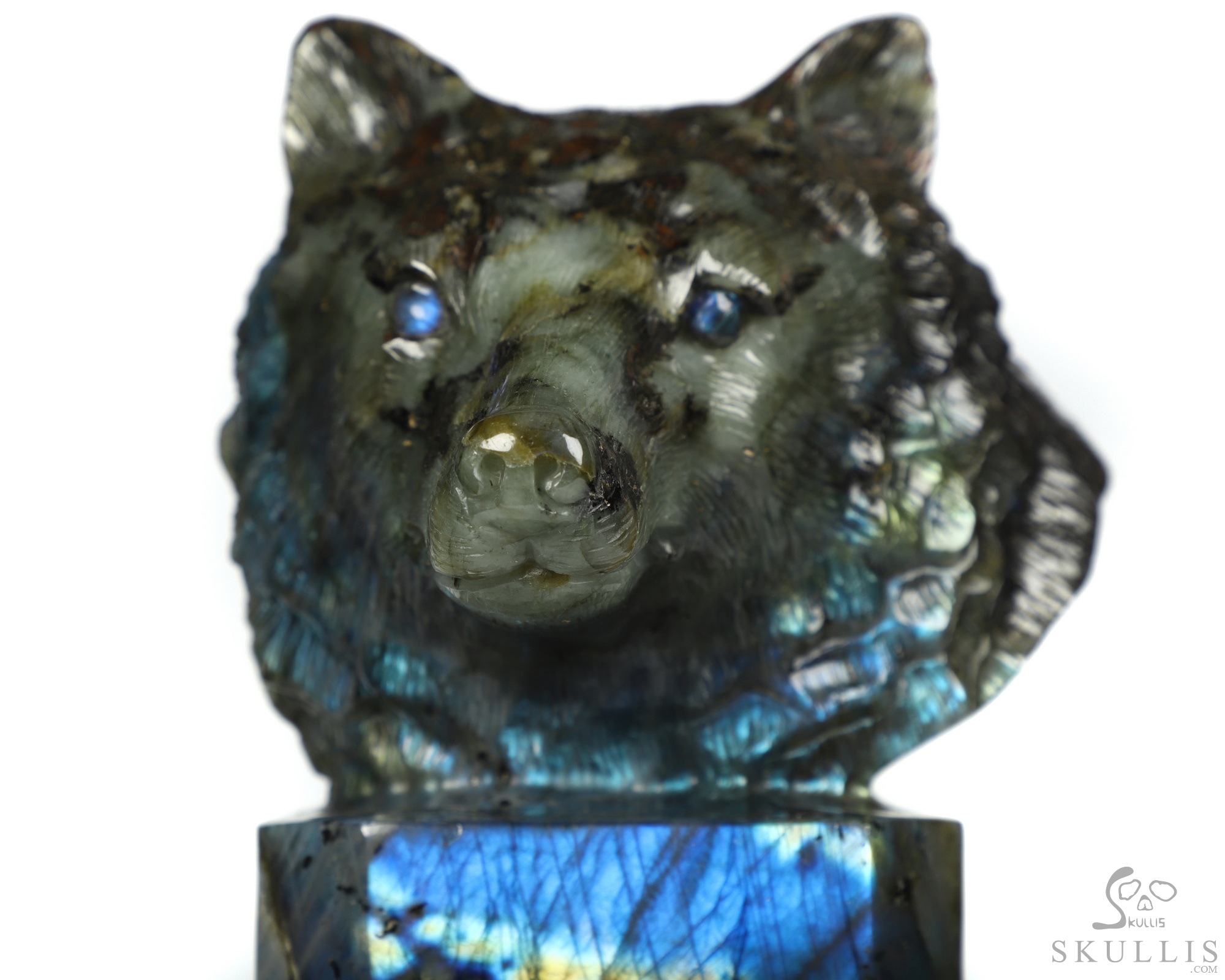 6.9" Flash Labradorite Carved Crystal Skull & Wolf, Crystal Healing 6.9" Flash Labradorite Carved Crystal Skull & Wolf, Crystal Healing