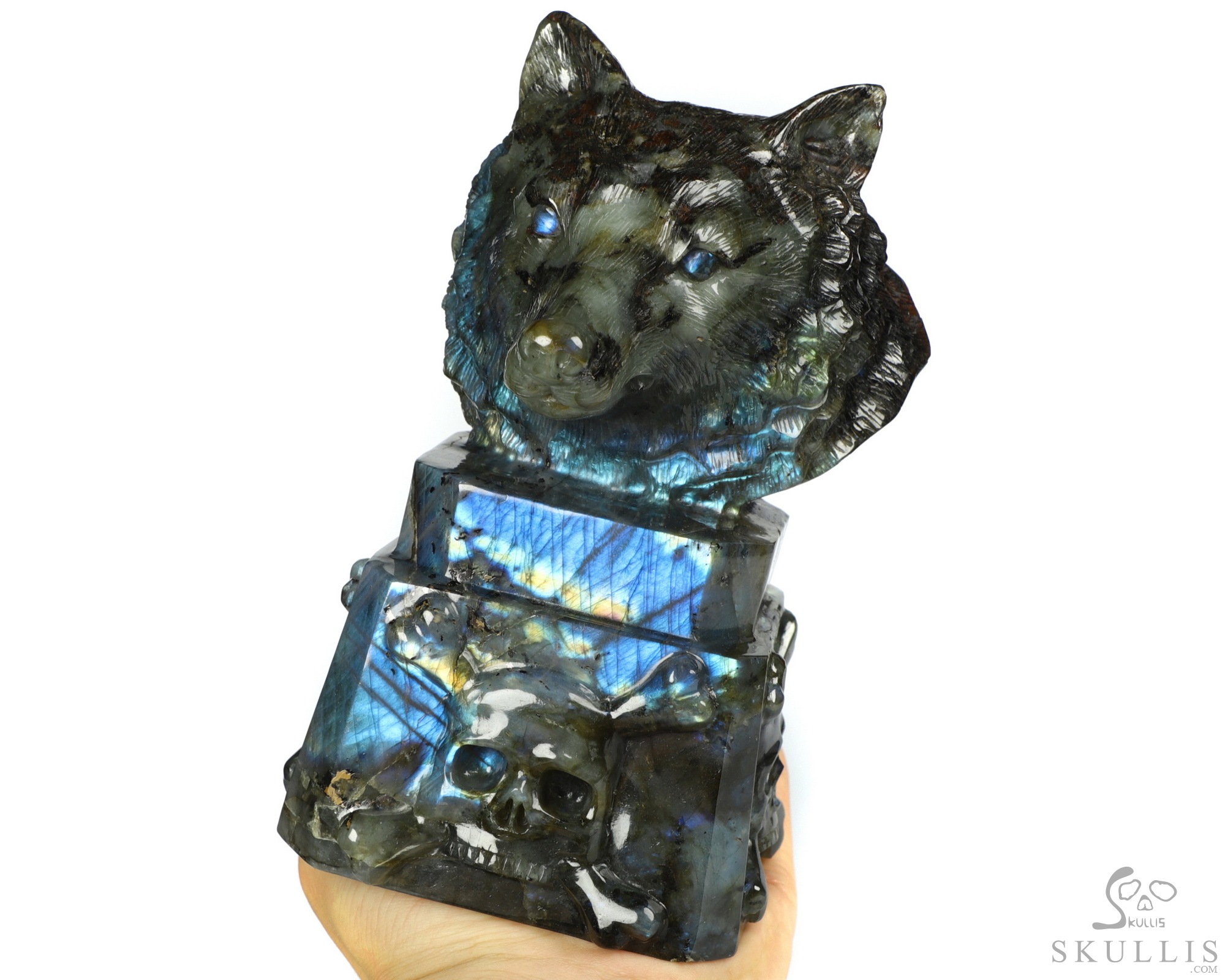 6.9" Flash Labradorite Carved Crystal Skull & Wolf, Crystal Healing 6.9" Flash Labradorite Carved Crystal Skull & Wolf, Crystal Healing