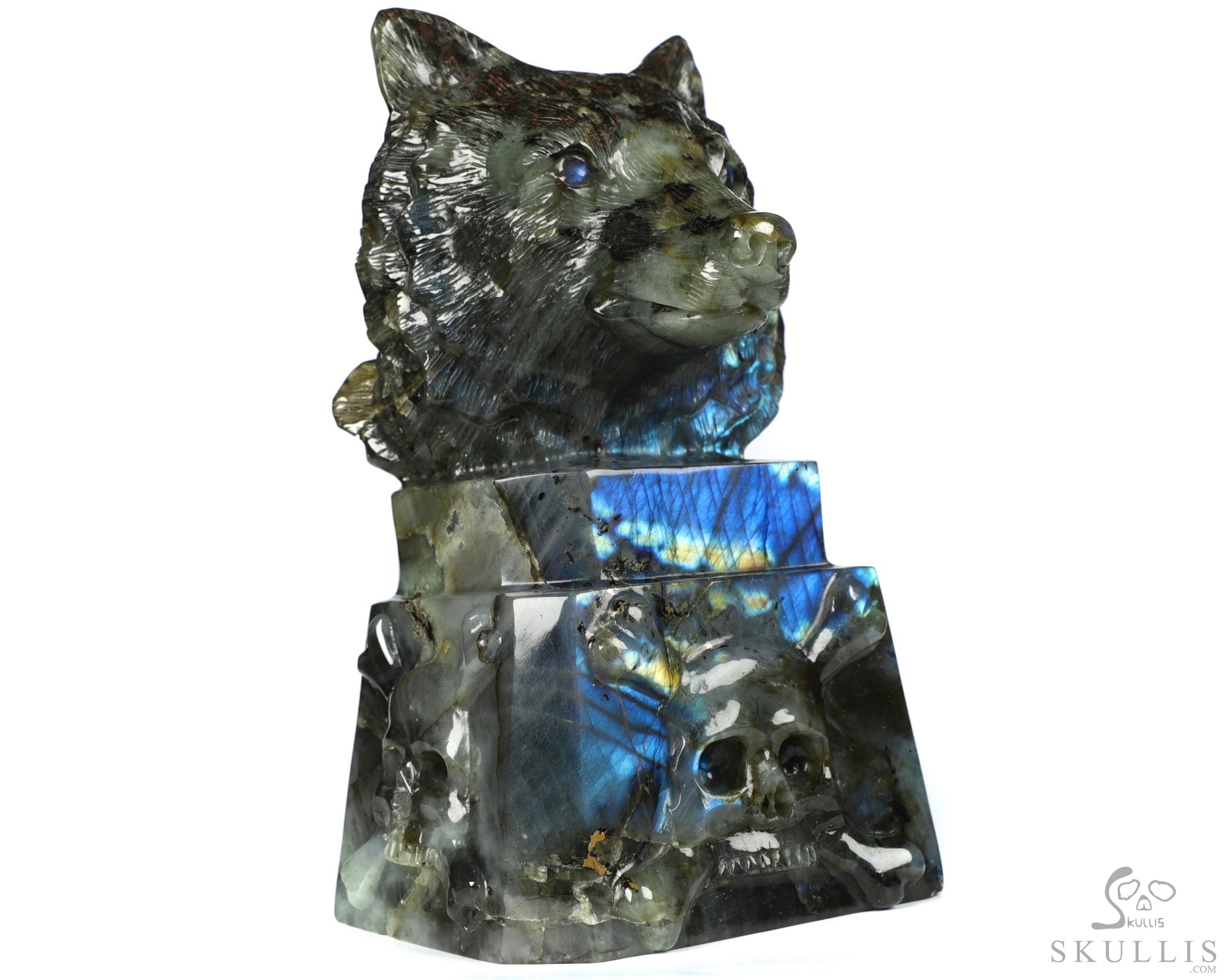 6.9" Flash Labradorite Carved Crystal Skull & Wolf, Crystal Healing 6.9" Flash Labradorite Carved Crystal Skull & Wolf, Crystal Healing