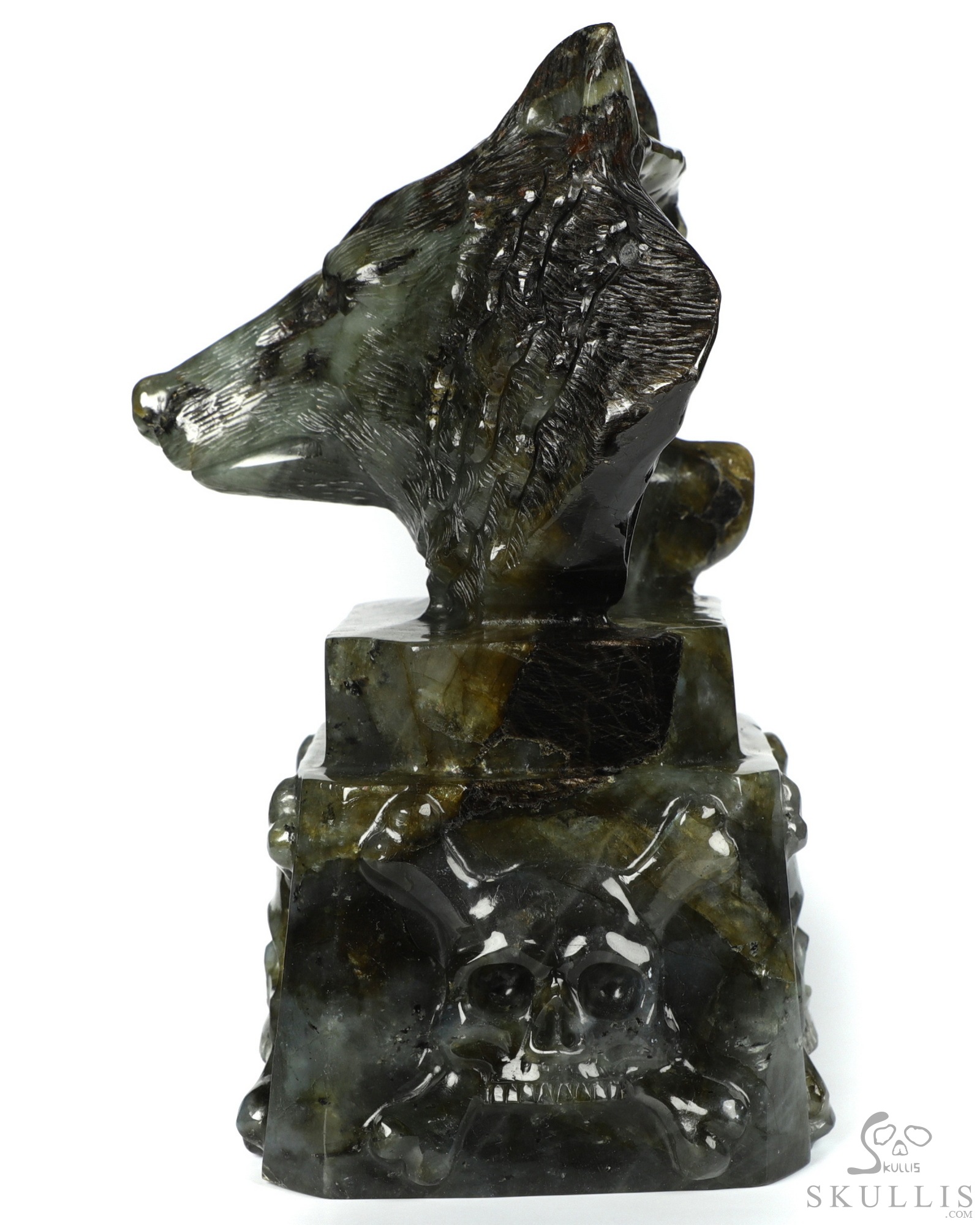 6.9" Flash Labradorite Carved Crystal Skull & Wolf, Crystal Healing 6.9" Flash Labradorite Carved Crystal Skull & Wolf, Crystal Healing