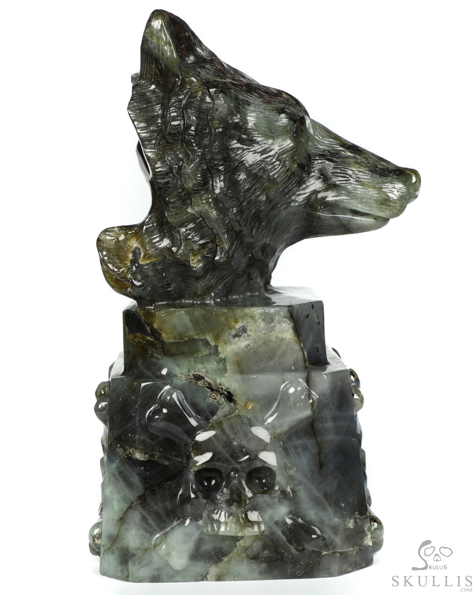 6.9" Flash Labradorite Carved Crystal Skull & Wolf, Crystal Healing 6.9" Flash Labradorite Carved Crystal Skull & Wolf, Crystal Healing