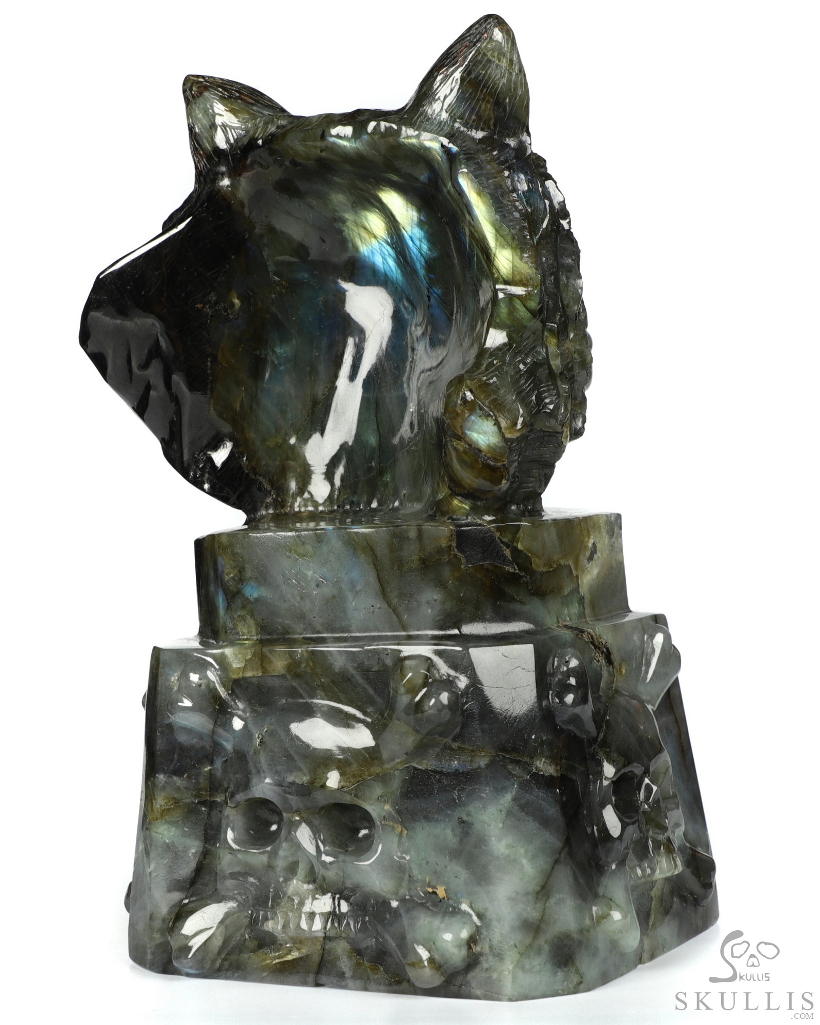 6.9" Flash Labradorite Carved Crystal Skull & Wolf, Crystal Healing 6.9" Flash Labradorite Carved Crystal Skull & Wolf, Crystal Healing