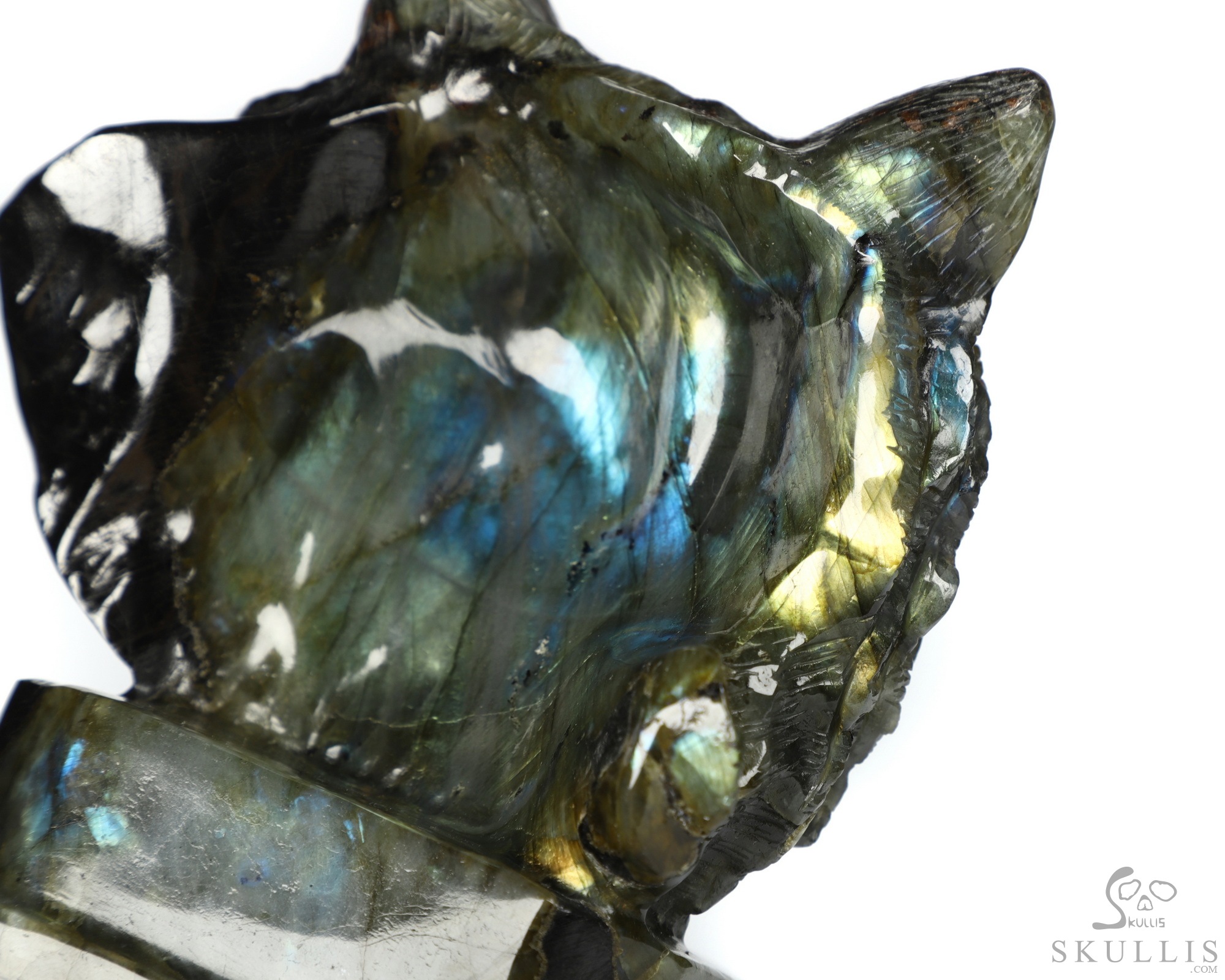 6.9" Flash Labradorite Carved Crystal Skull & Wolf, Crystal Healing 6.9" Flash Labradorite Carved Crystal Skull & Wolf, Crystal Healing