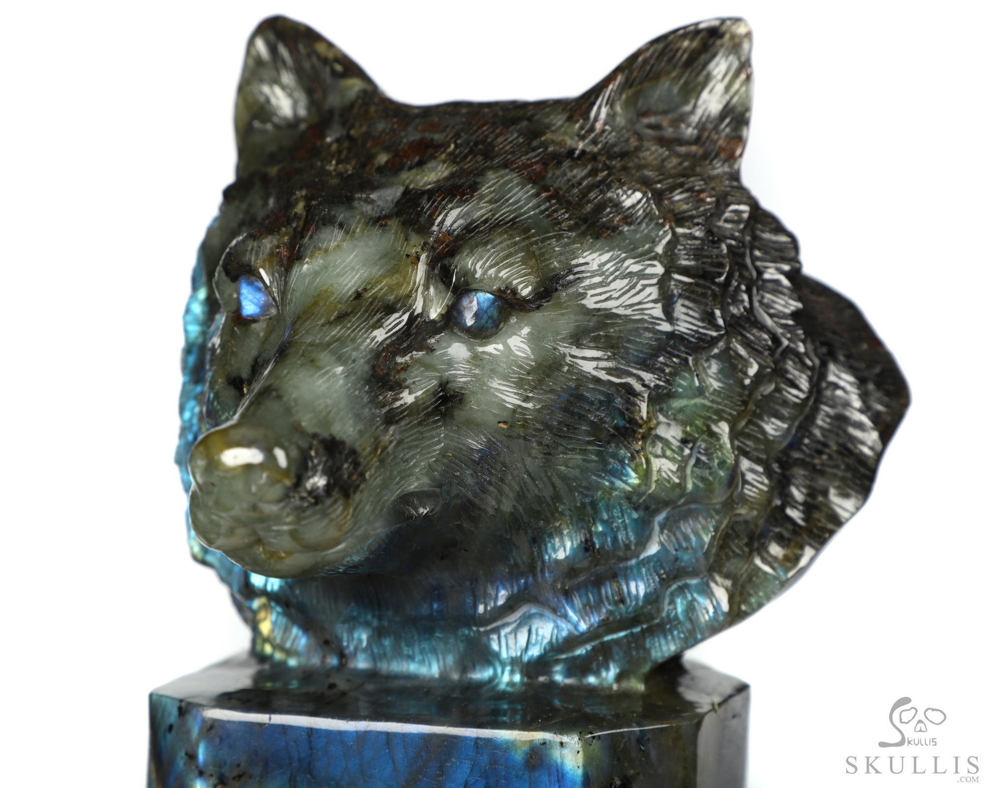 6.9" Flash Labradorite Carved Crystal Skull & Wolf, Crystal Healing 6.9" Flash Labradorite Carved Crystal Skull & Wolf, Crystal Healing
