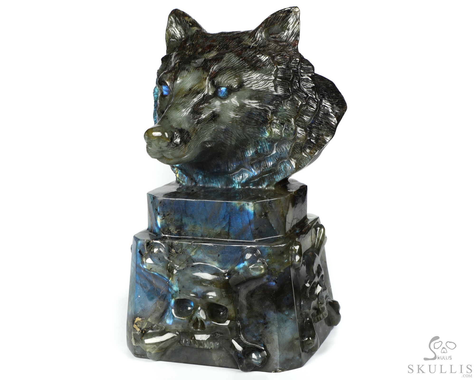 6.9" Flash Labradorite Carved Crystal Skull & Wolf, Crystal Healing 6.9" Flash Labradorite Carved Crystal Skull & Wolf, Crystal Healing