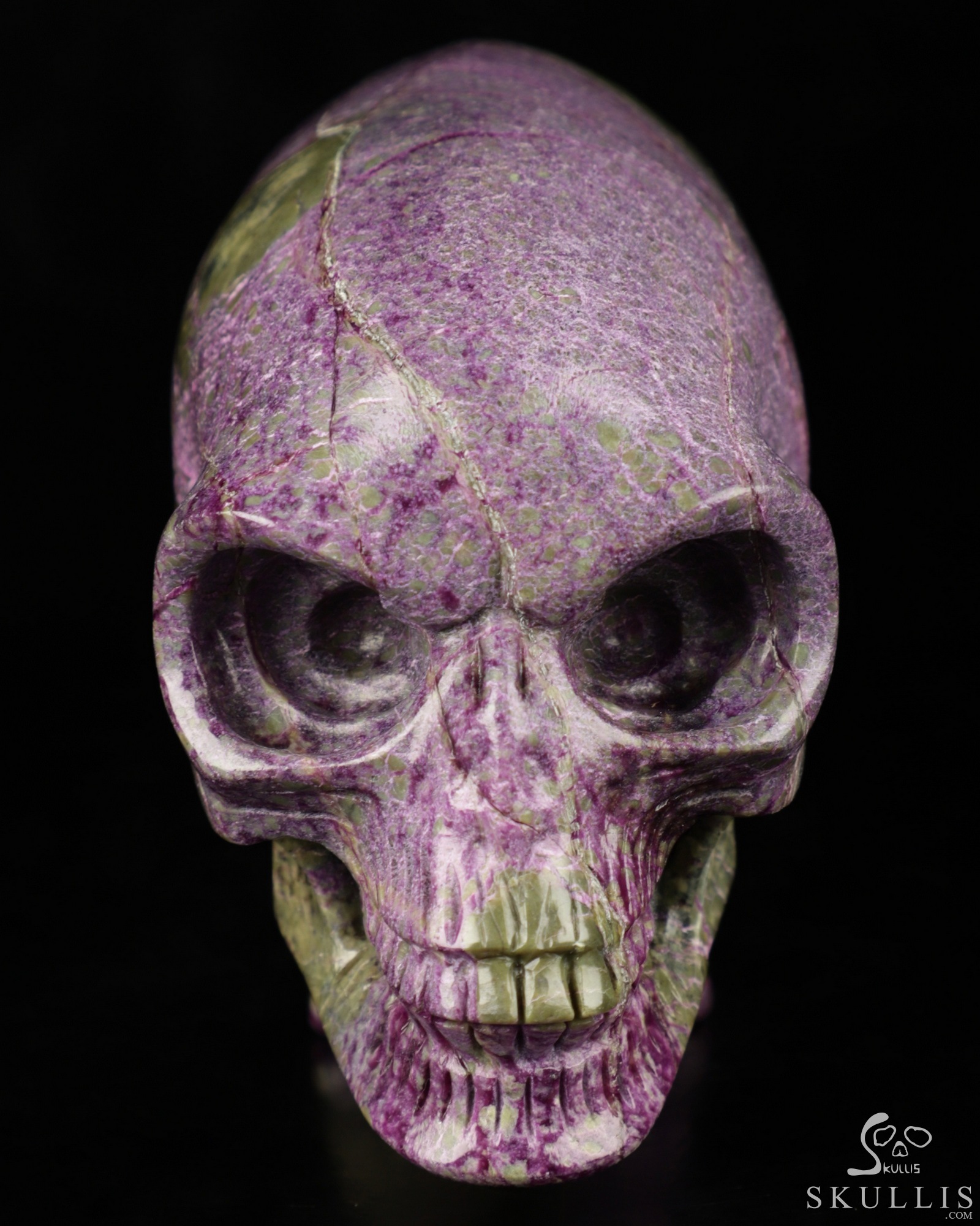 4.9" Stichtite and Serpentine Carved Crystal Elongated Mayan Alien Skull & Spine, Realistic 4.9" Stichtite and Serpentine Carved Crystal Elongated Mayan Alien Skull & Spine, Realistic