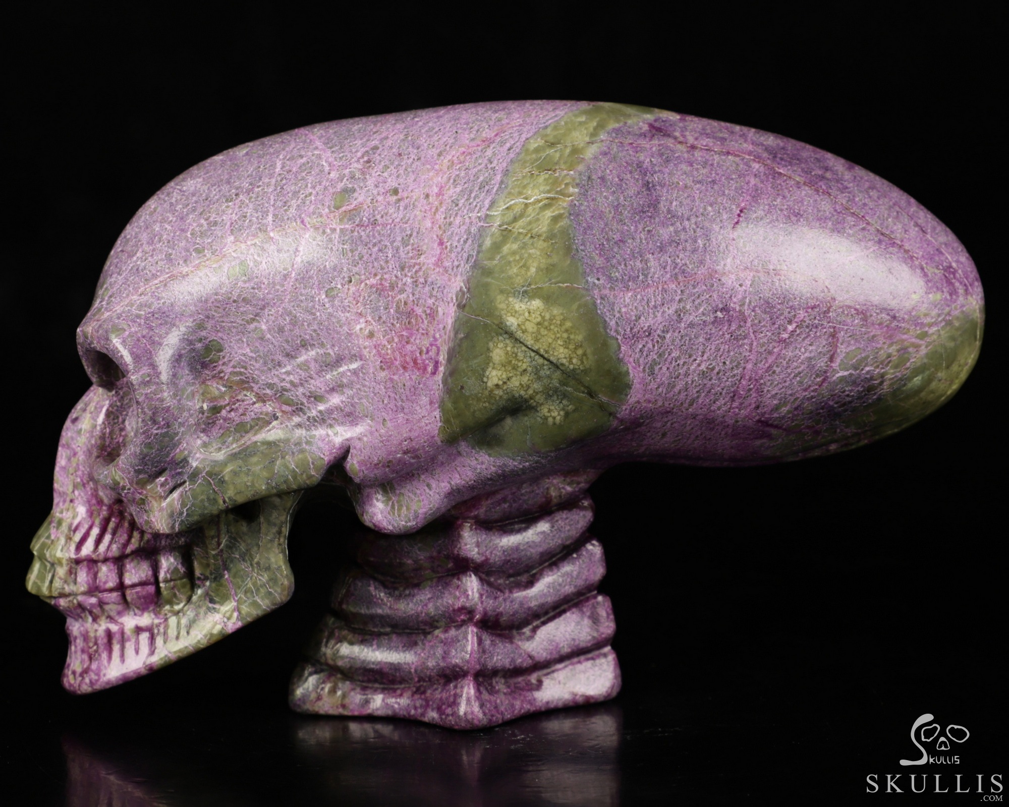 4.9" Stichtite and Serpentine Carved Crystal Elongated Mayan Alien Skull & Spine, Realistic 4.9" Stichtite and Serpentine Carved Crystal Elongated Mayan Alien Skull & Spine, Realistic