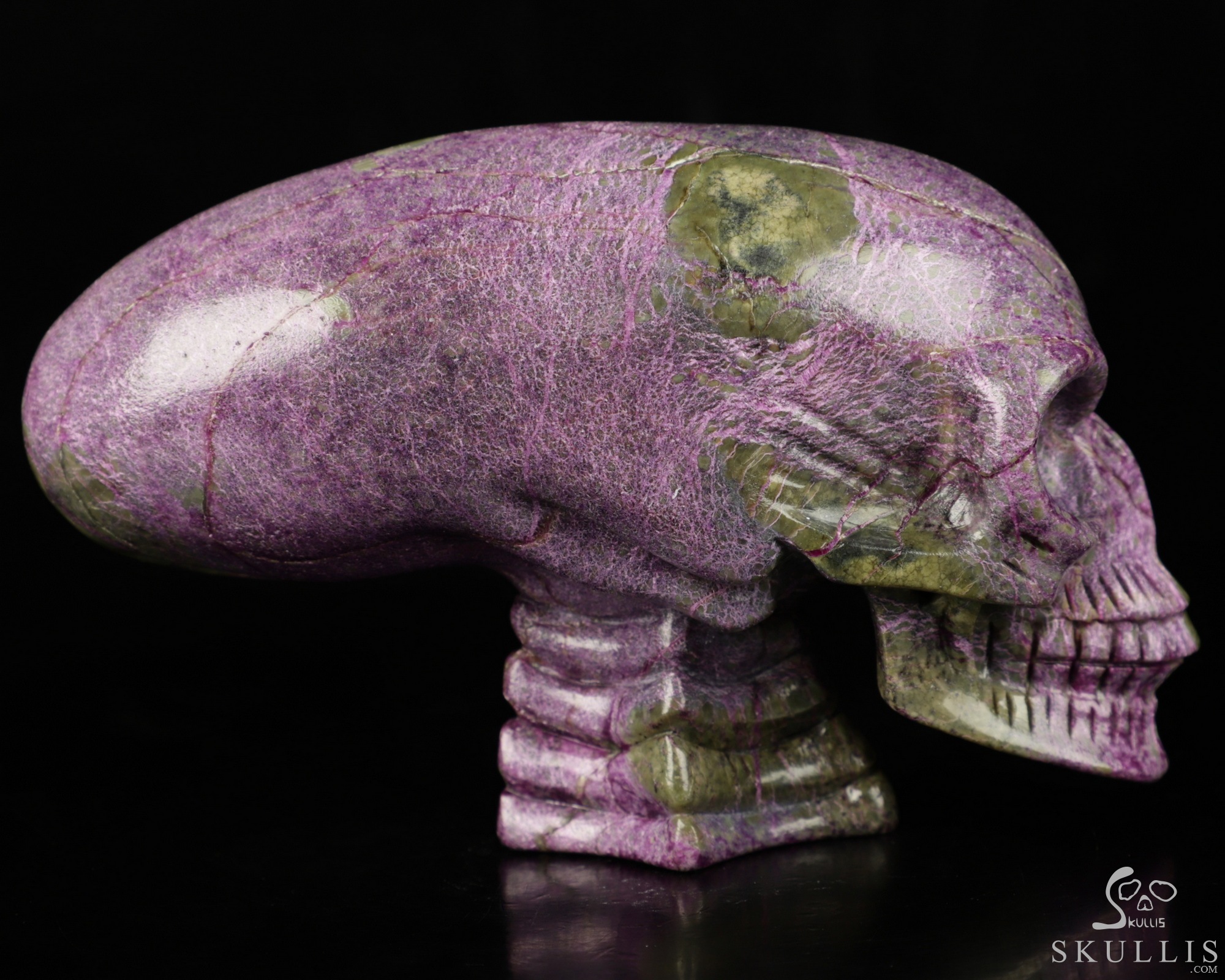 4.9" Stichtite and Serpentine Carved Crystal Elongated Mayan Alien Skull & Spine, Realistic 4.9" Stichtite and Serpentine Carved Crystal Elongated Mayan Alien Skull & Spine, Realistic
