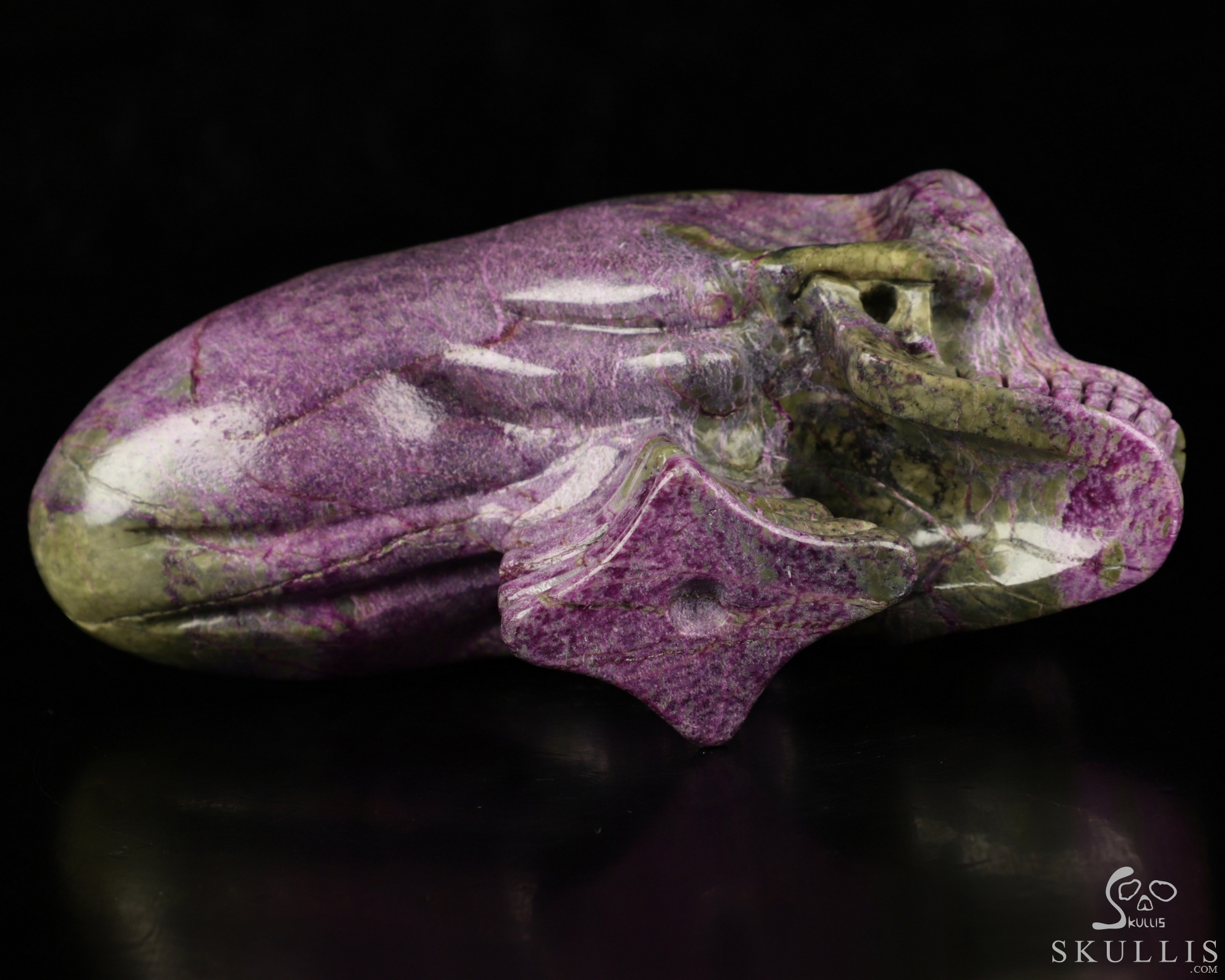 4.9" Stichtite and Serpentine Carved Crystal Elongated Mayan Alien Skull & Spine, Realistic 4.9" Stichtite and Serpentine Carved Crystal Elongated Mayan Alien Skull & Spine, Realistic