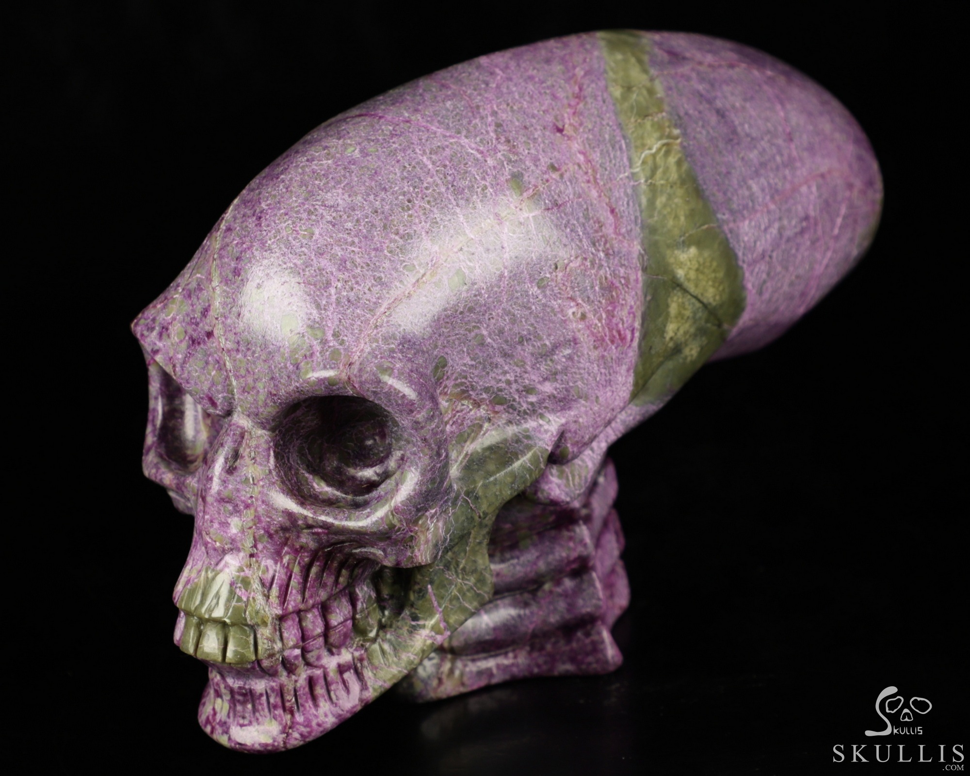 4.9" Stichtite and Serpentine Carved Crystal Elongated Mayan Alien Skull & Spine, Realistic 4.9" Stichtite and Serpentine Carved Crystal Elongated Mayan Alien Skull & Spine, Realistic