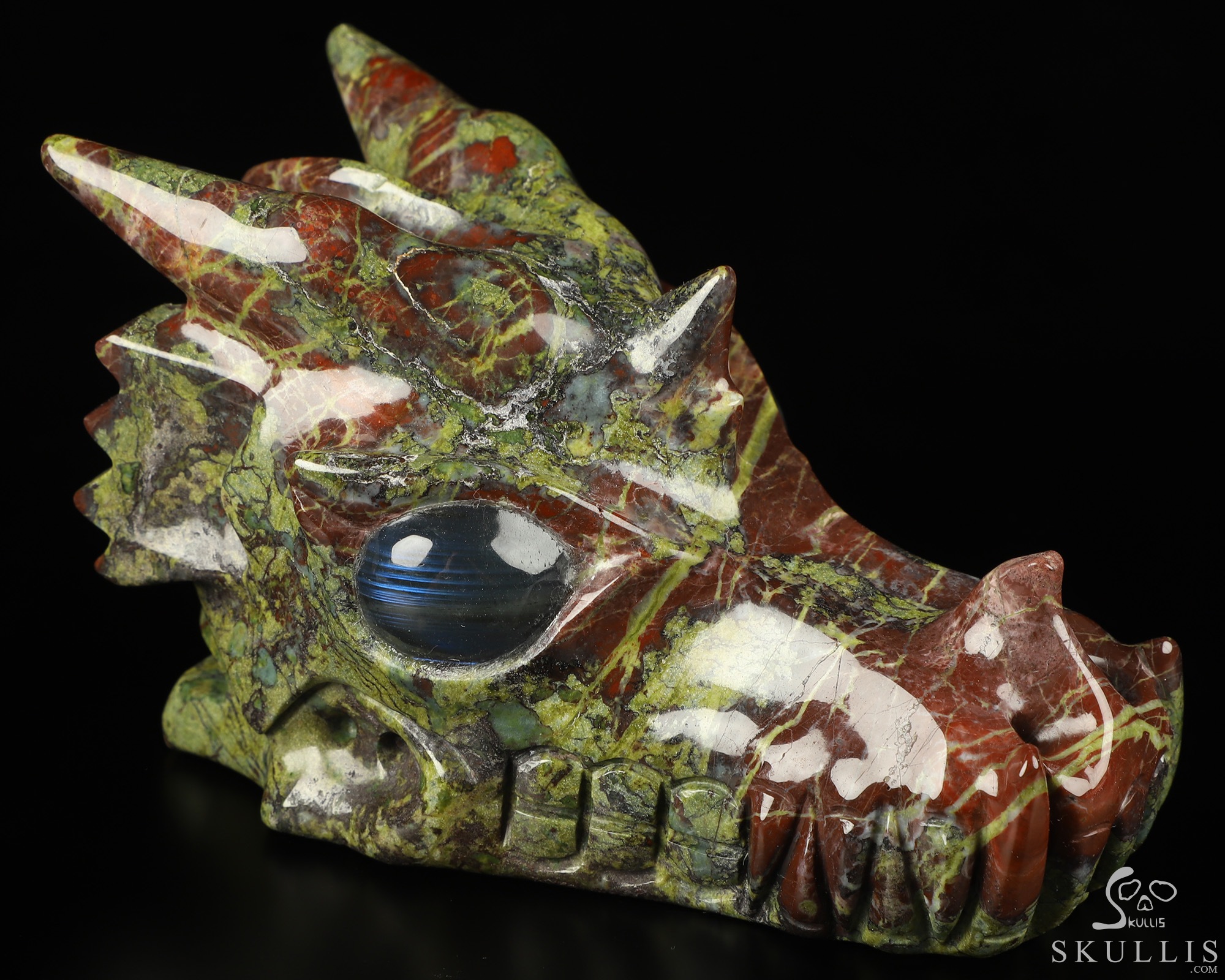 5.1" Dragon Blood Jasper Hand Carved Crystal Dragon Skull with Labradorite Eyes Sculpture, Crystal Healing 5.1" Dragon Blood Jasper Hand Carved Crystal Dragon Skull with Labradorite Eyes Sculpture, Crystal Healing