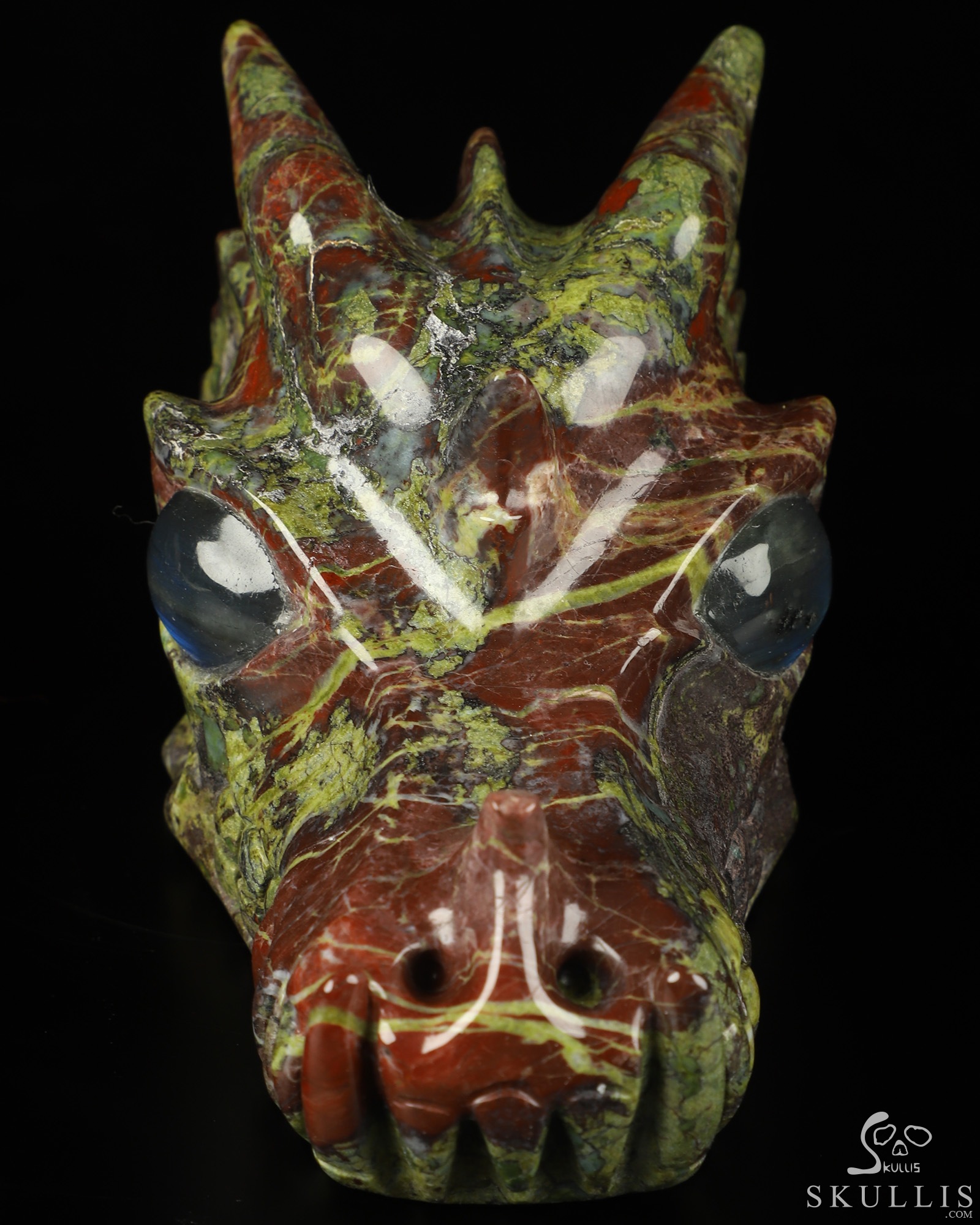 5.1" Dragon Blood Jasper Hand Carved Crystal Dragon Skull with Labradorite Eyes Sculpture, Crystal Healing 5.1" Dragon Blood Jasper Hand Carved Crystal Dragon Skull with Labradorite Eyes Sculpture, Crystal Healing