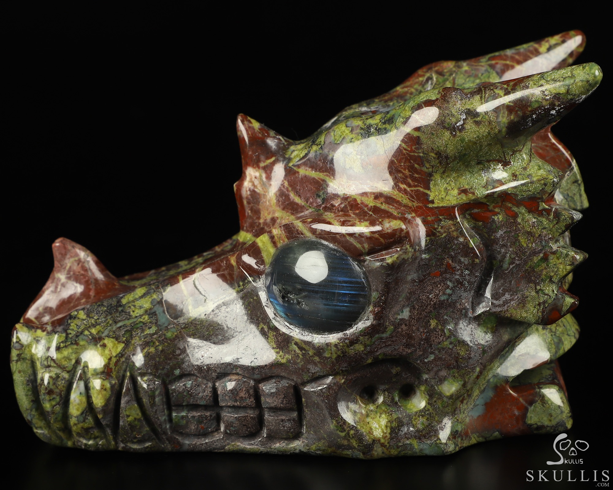 5.1" Dragon Blood Jasper Hand Carved Crystal Dragon Skull with Labradorite Eyes Sculpture, Crystal Healing 5.1" Dragon Blood Jasper Hand Carved Crystal Dragon Skull with Labradorite Eyes Sculpture, Crystal Healing