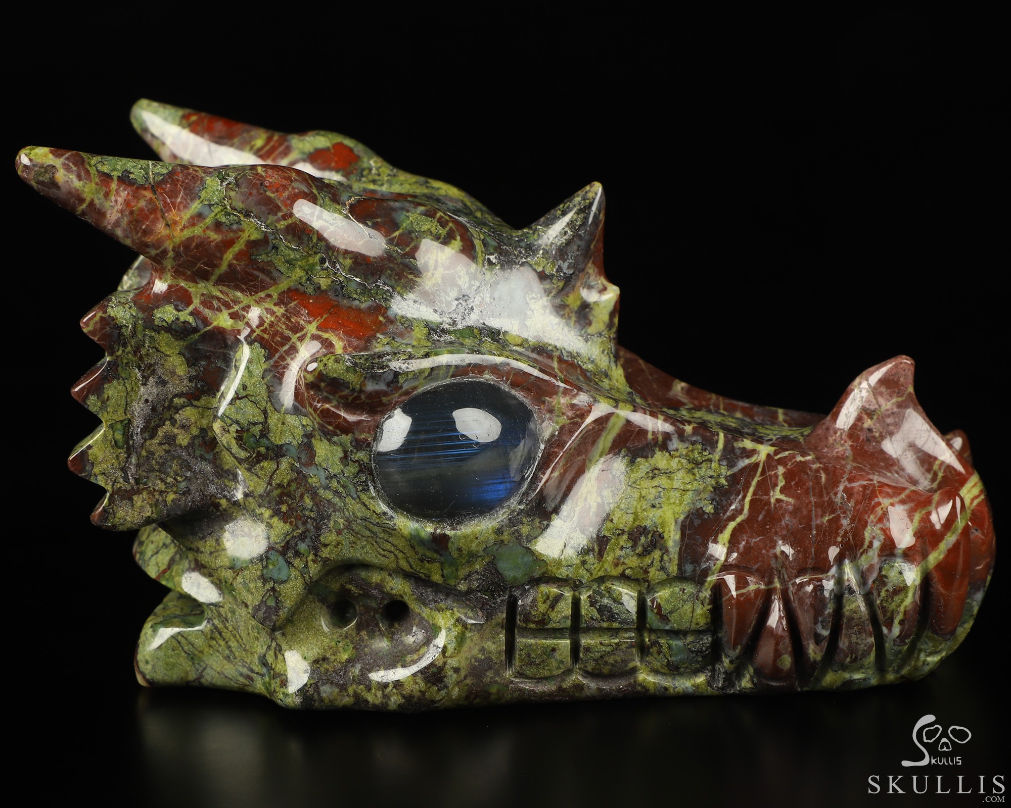 5.1" Dragon Blood Jasper Hand Carved Crystal Dragon Skull with Labradorite Eyes Sculpture, Crystal Healing 5.1" Dragon Blood Jasper Hand Carved Crystal Dragon Skull with Labradorite Eyes Sculpture, Crystal Healing