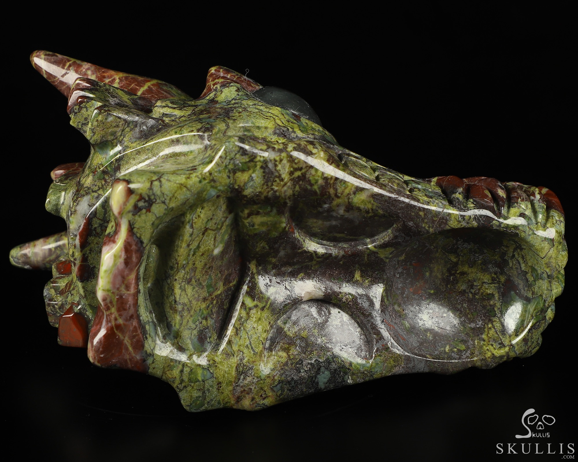 5.1" Dragon Blood Jasper Hand Carved Crystal Dragon Skull with Labradorite Eyes Sculpture, Crystal Healing 5.1" Dragon Blood Jasper Hand Carved Crystal Dragon Skull with Labradorite Eyes Sculpture, Crystal Healing