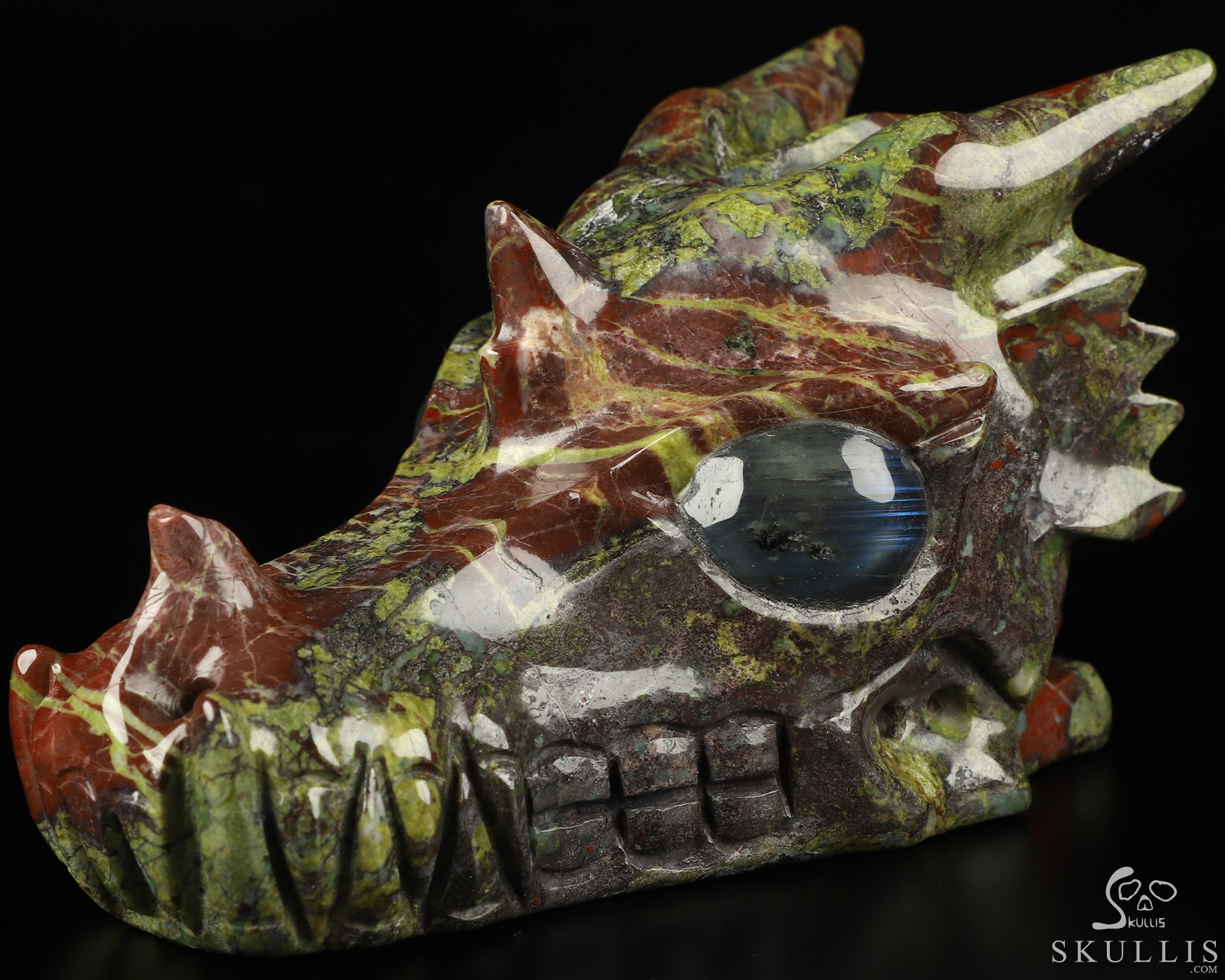5.1" Dragon Blood Jasper Hand Carved Crystal Dragon Skull with Labradorite Eyes Sculpture, Crystal Healing 5.1" Dragon Blood Jasper Hand Carved Crystal Dragon Skull with Labradorite Eyes Sculpture, Crystal Healing