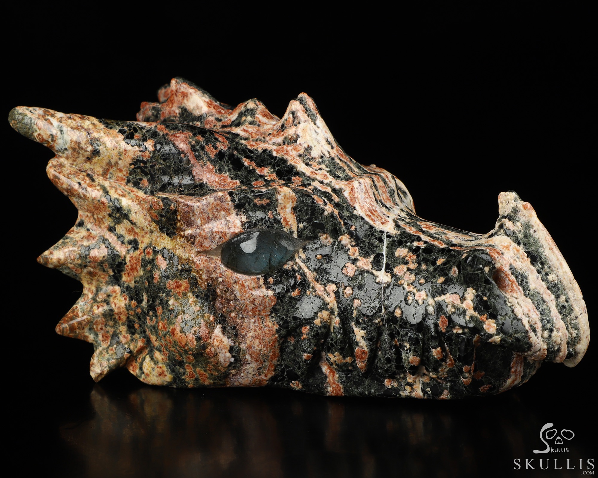 5.9" Snowflake Obsidian Hand Carved Crystal Dragon Head Skull with Labradorite Eyes Sculpture, Crystal Healing 5.9" Snowflake Obsidian Hand Carved Crystal Dragon Head Skull with Labradorite Eyes Sculpture, Crystal Healing