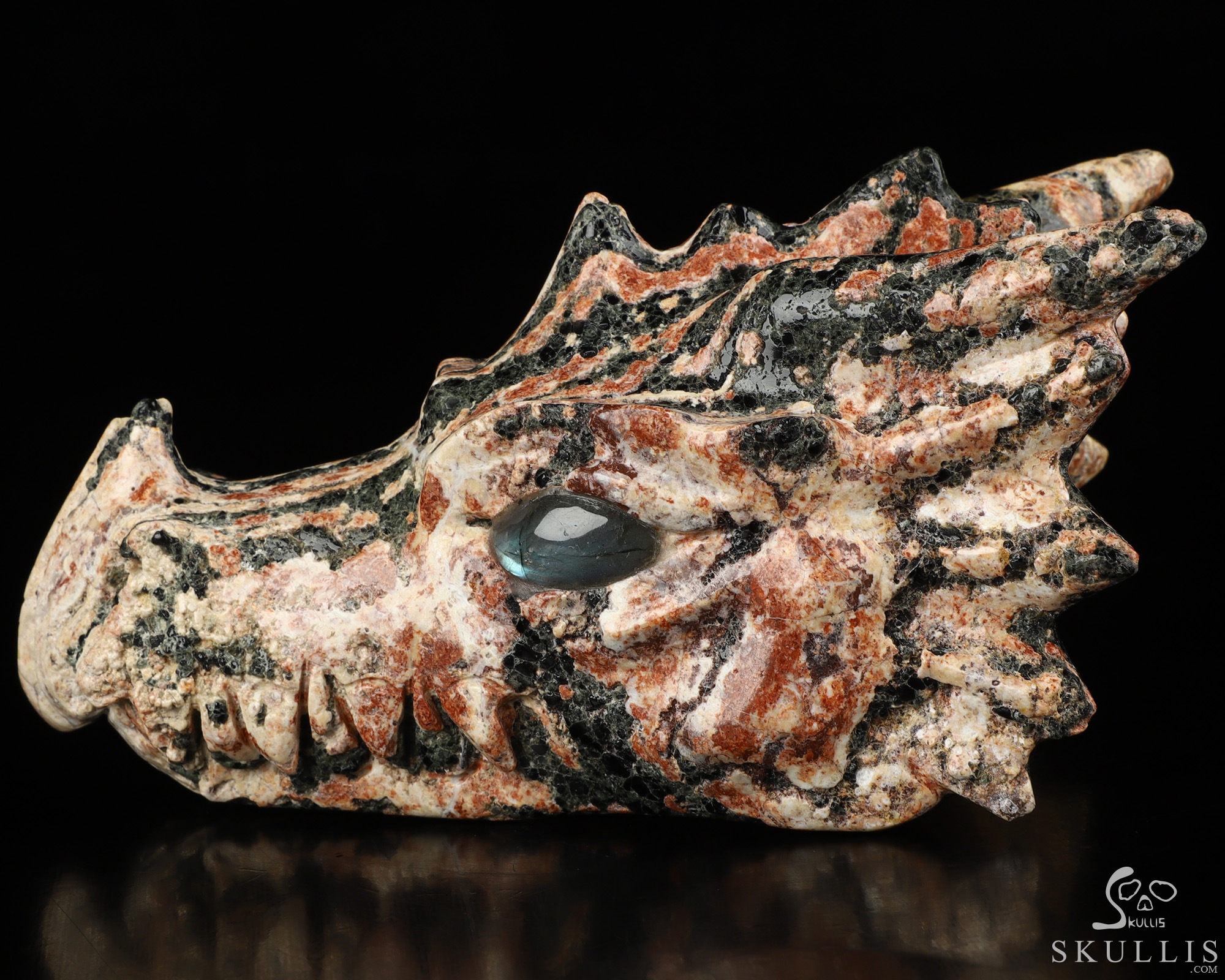 5.9" Snowflake Obsidian Hand Carved Crystal Dragon Head Skull with Labradorite Eyes Sculpture, Crystal Healing 5.9" Snowflake Obsidian Hand Carved Crystal Dragon Head Skull with Labradorite Eyes Sculpture, Crystal Healing