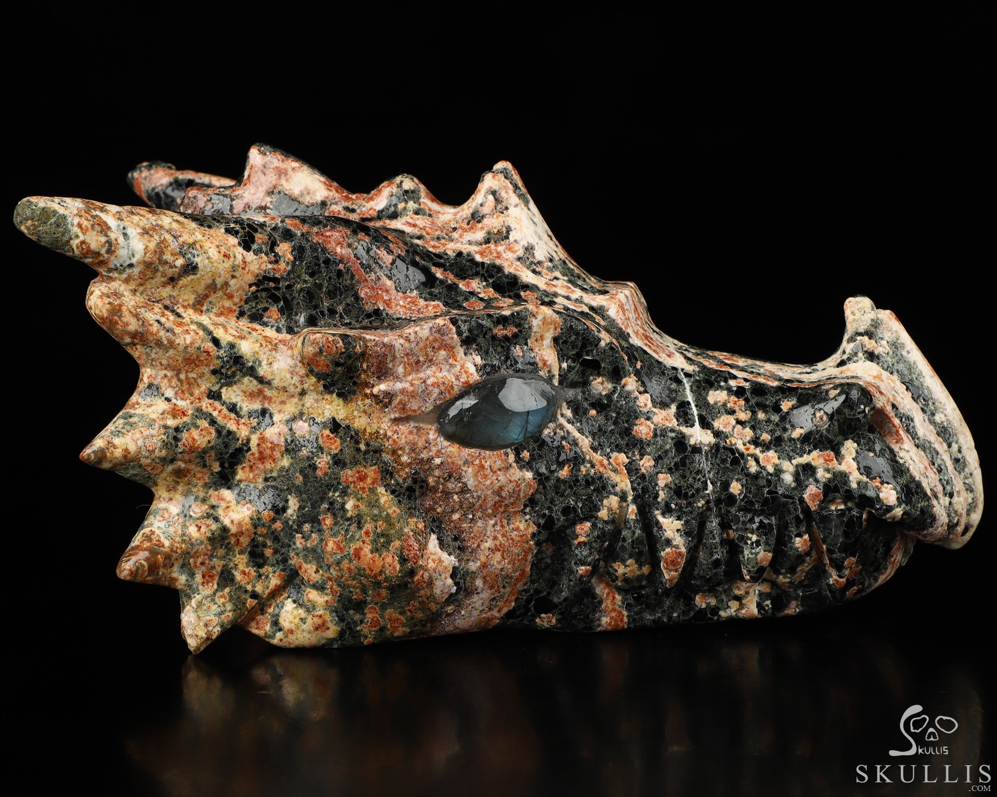 5.9" Snowflake Obsidian Hand Carved Crystal Dragon Head Skull with Labradorite Eyes Sculpture, Crystal Healing 5.9" Snowflake Obsidian Hand Carved Crystal Dragon Head Skull with Labradorite Eyes Sculpture, Crystal Healing
