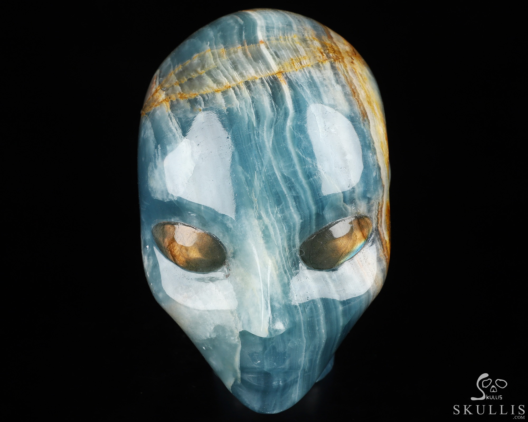 4.1" Blue Onyx Hand Carved Fairy Elf Alien Crystal Skull Companion Sculpture, Crystal Healing 4.1" Blue Onyx Hand Carved Fairy Elf Alien Crystal Skull Companion Sculpture, Crystal Healing