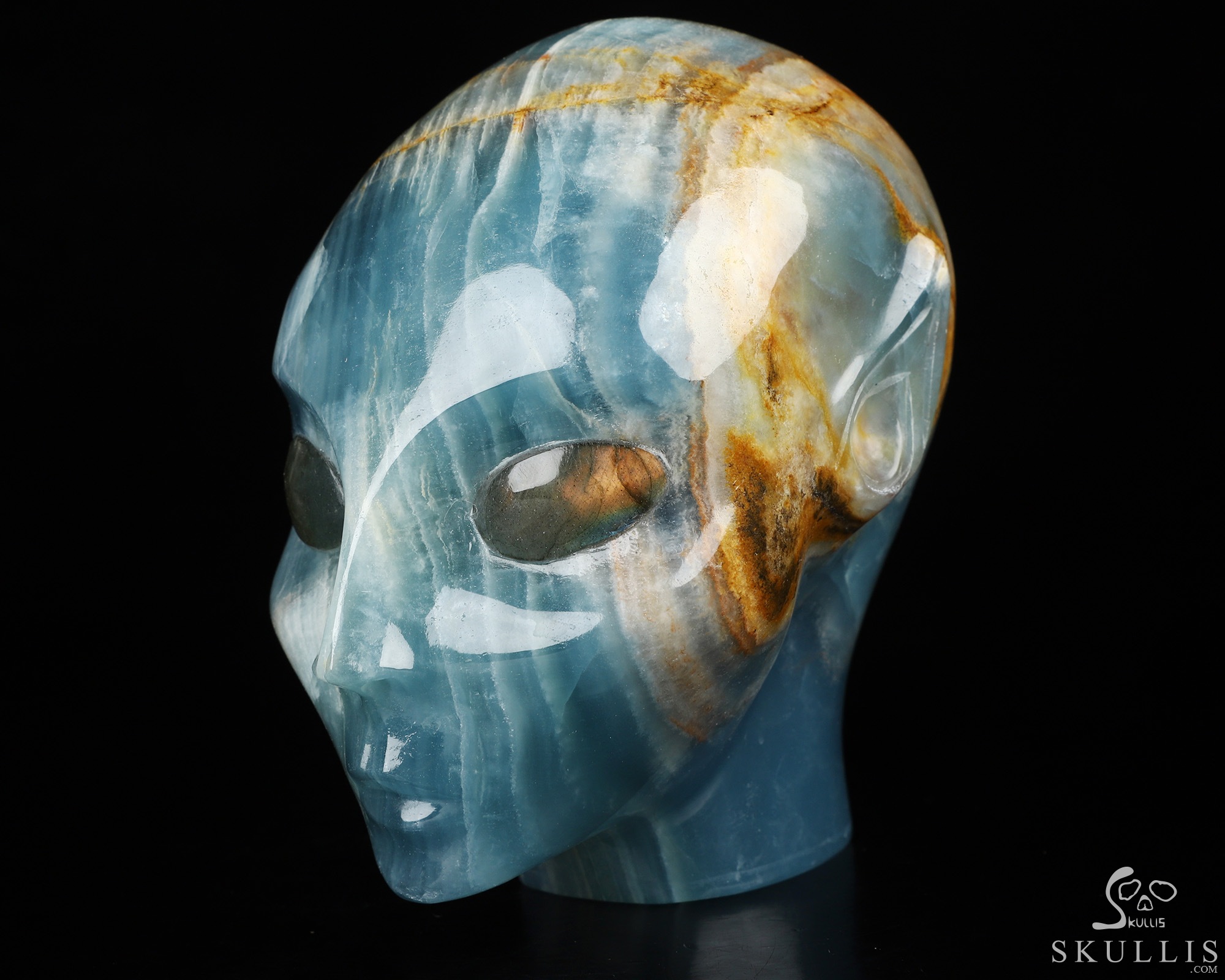 4.1" Blue Onyx Hand Carved Fairy Elf Alien Crystal Skull Companion Sculpture, Crystal Healing 4.1" Blue Onyx Hand Carved Fairy Elf Alien Crystal Skull Companion Sculpture, Crystal Healing