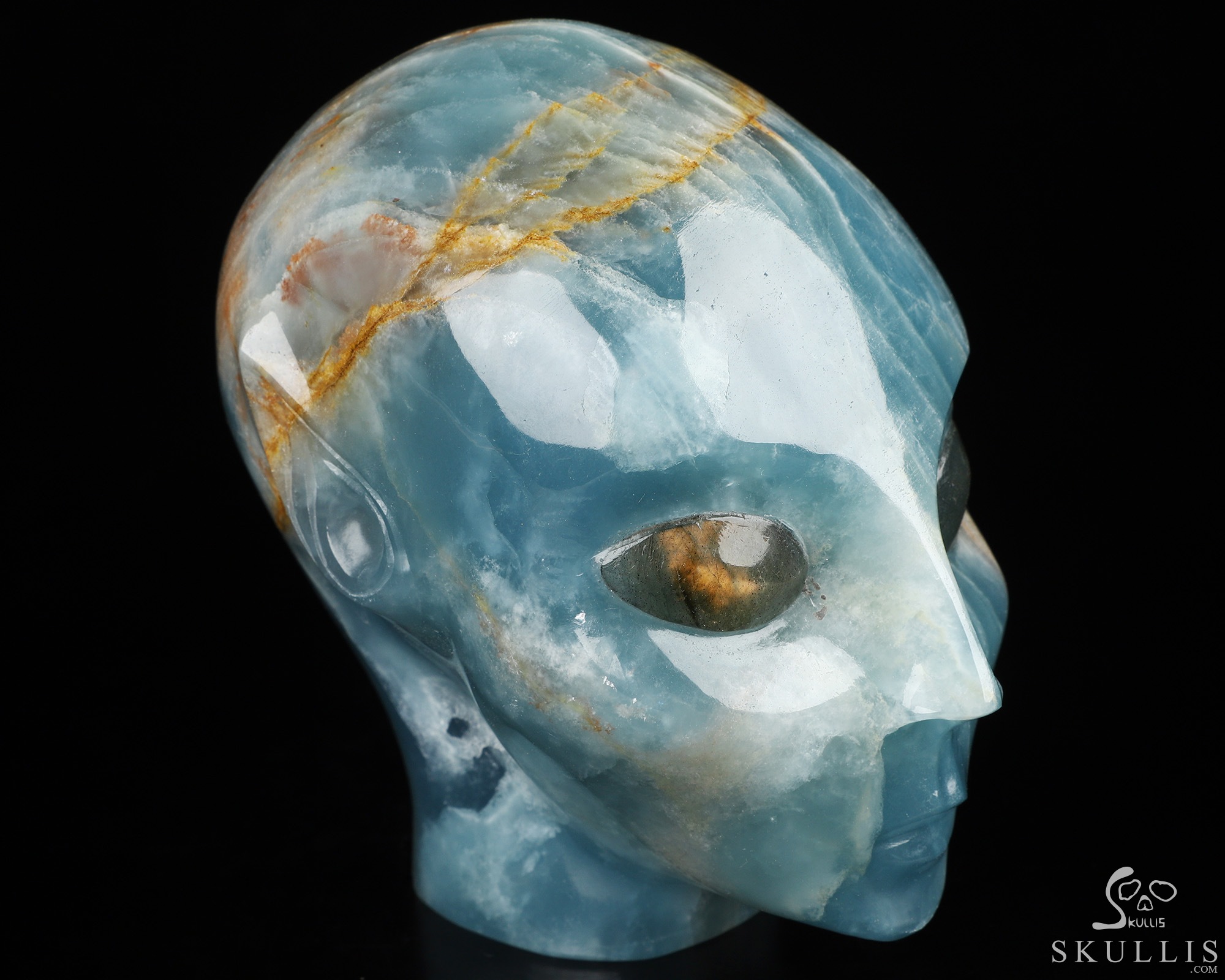 4.1" Blue Onyx Hand Carved Fairy Elf Alien Crystal Skull Companion Sculpture, Crystal Healing 4.1" Blue Onyx Hand Carved Fairy Elf Alien Crystal Skull Companion Sculpture, Crystal Healing
