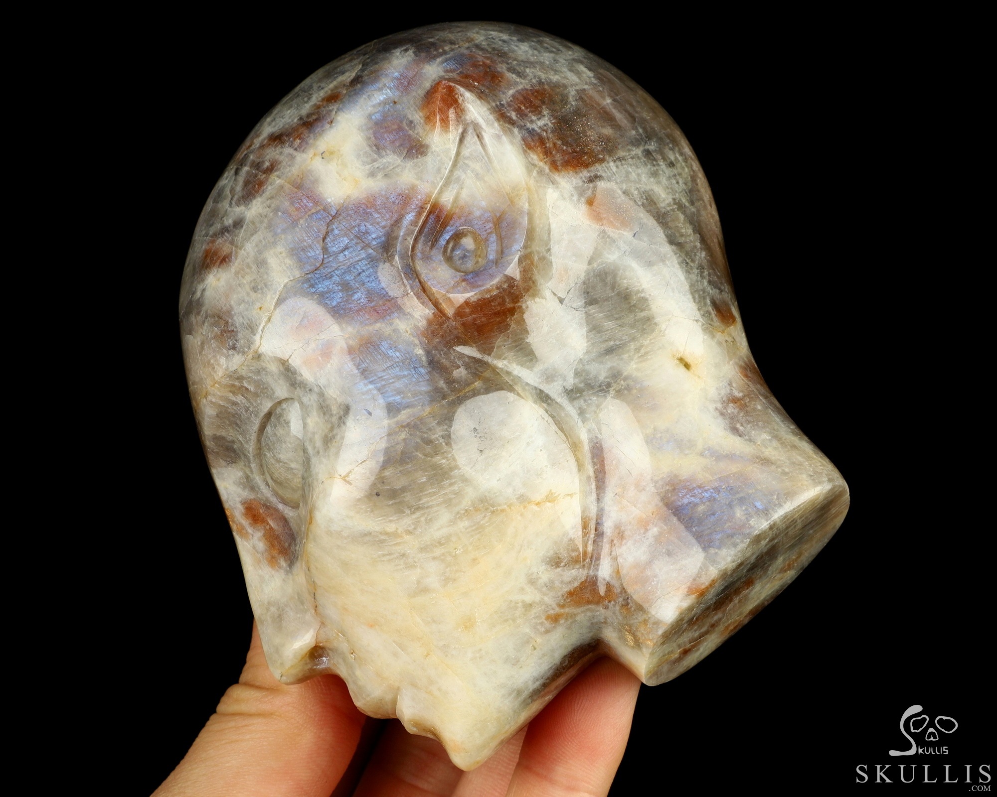 4.1" Moonstone with Sunstone Hand Carved Fairy Elf Alien Crystal Skull Companion Sculpture, Crystal Healing 4.1" Moonstone with Sunstone Hand Carved Fairy Elf Alien Crystal Skull Companion Sculpture, Crystal Healing