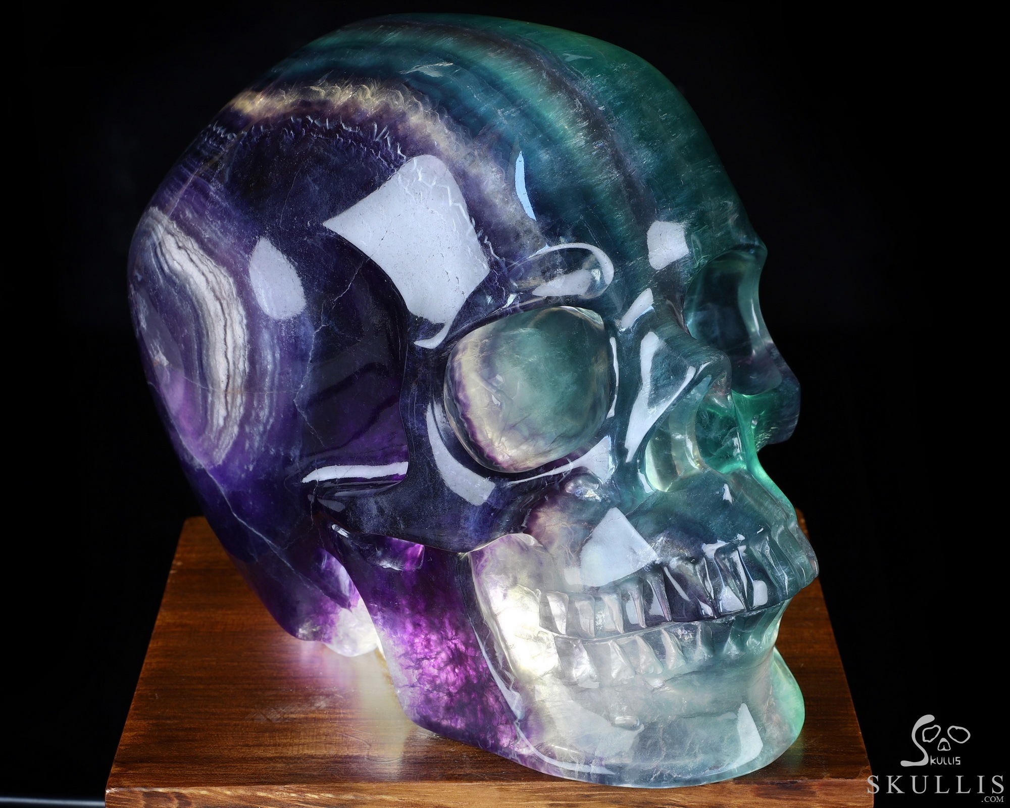 Super Realistic! Lifesized 6.8" Colorful Fluorite Hand Hollow Crystal Skull Lamp/Light with Led Stand, Super Realistic, Crystal Healing