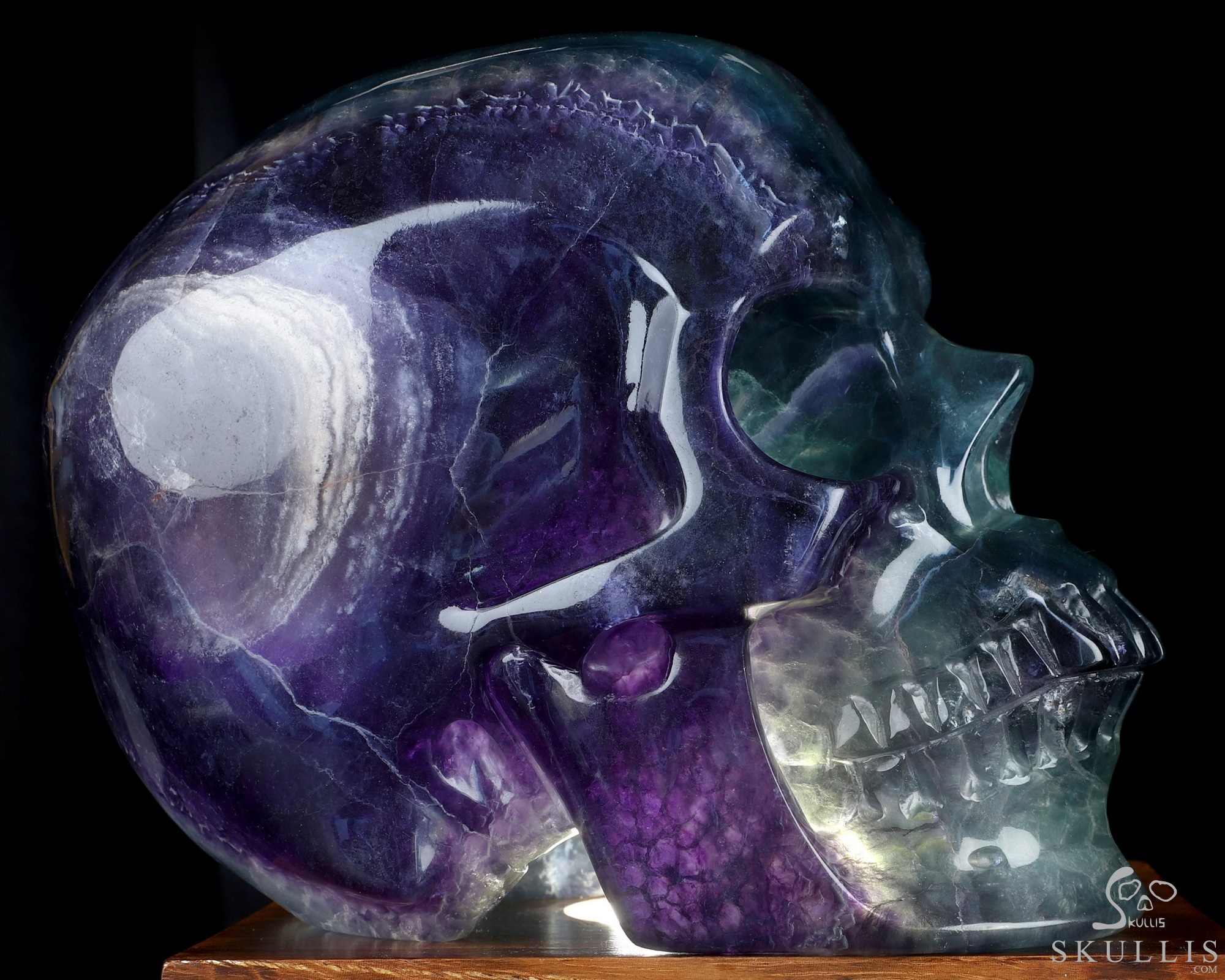 Super Realistic! Lifesized 6.8" Colorful Fluorite Hand Hollow Crystal Skull Lamp/Light with Led Stand, Super Realistic, Crystal Healing