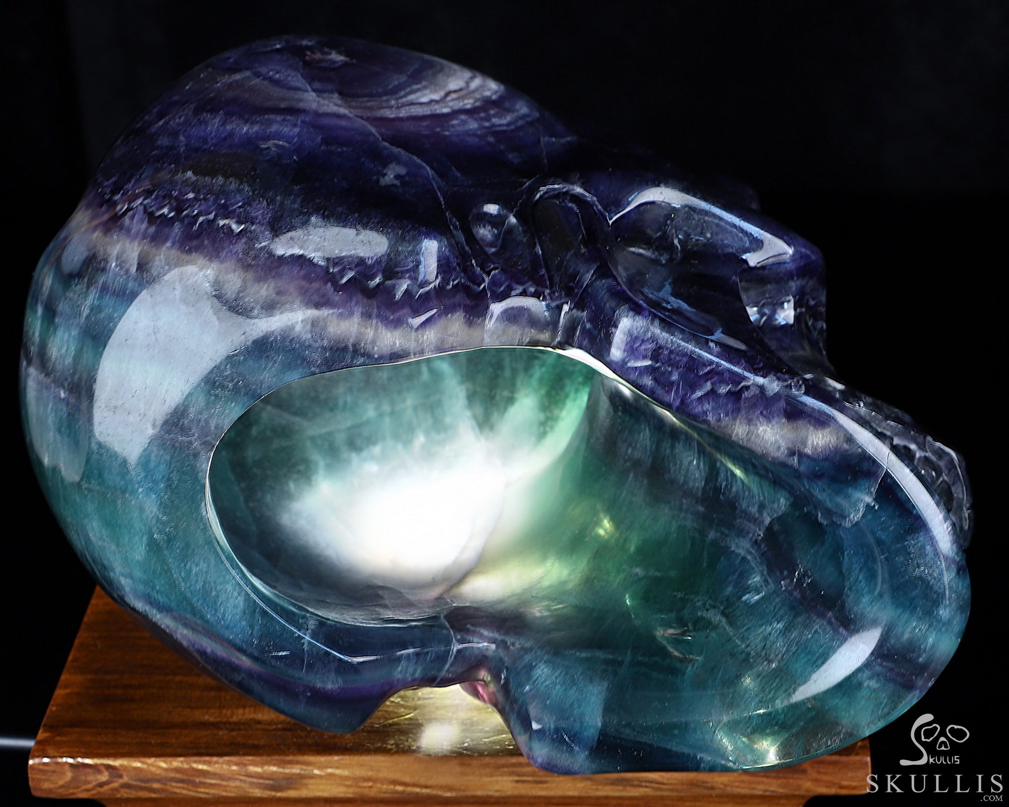 Super Realistic! Lifesized 6.8" Colorful Fluorite Hand Hollow Crystal Skull Lamp/Light with Led Stand, Super Realistic, Crystal Healing