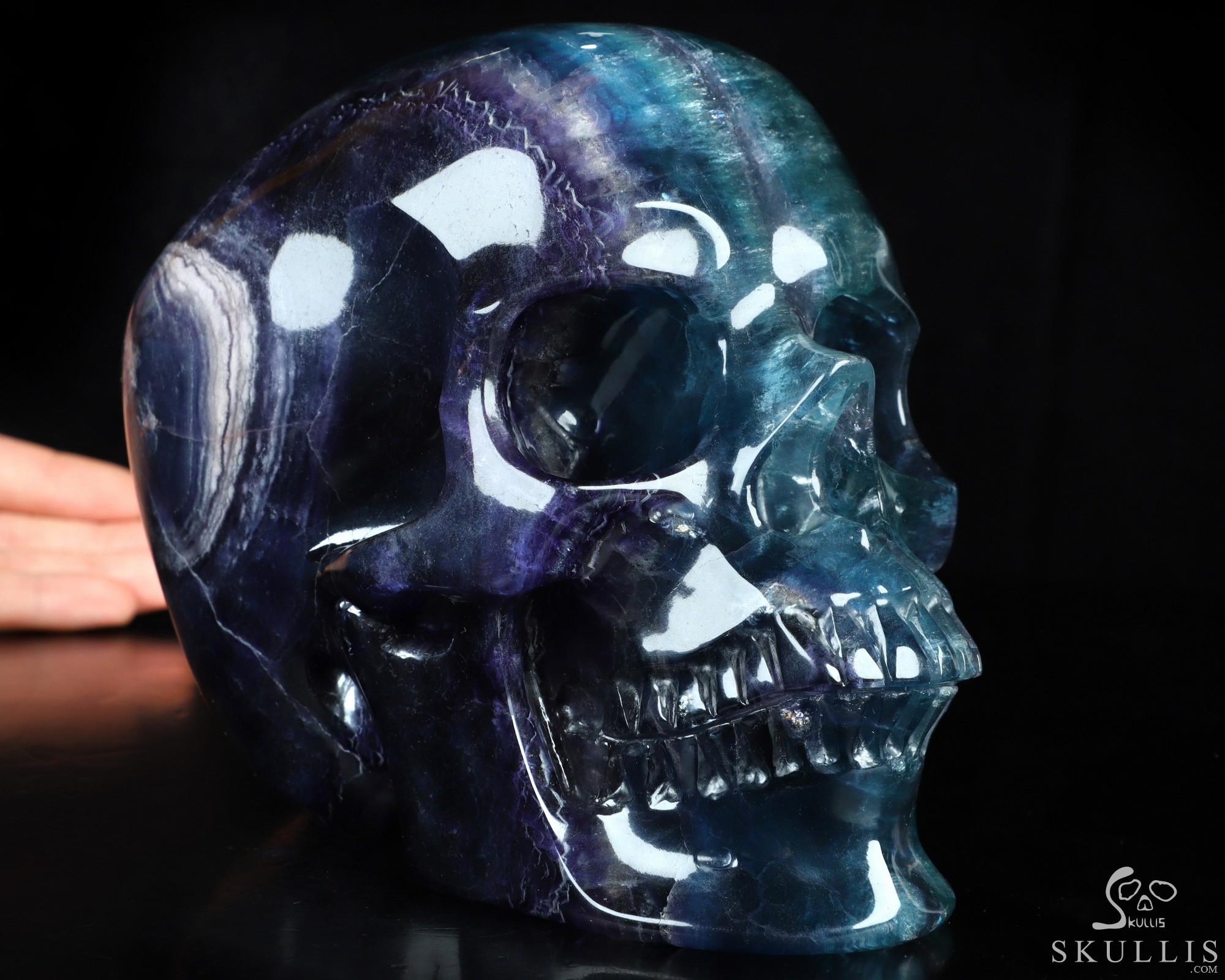 Super Realistic! Lifesized 6.8" Colorful Fluorite Hand Hollow Crystal Skull Lamp/Light with Led Stand, Super Realistic, Crystal Healing