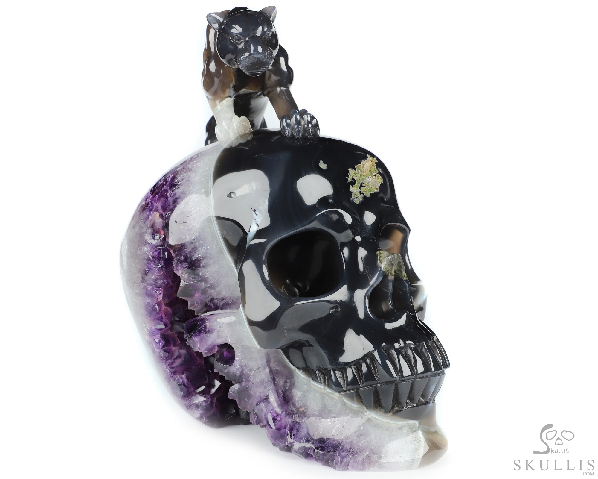 8.0" Agate Amethyst Geode Hand Carved Crystal Skull and Leopard Fine Art Sculpture, Crystal Healing 8.0" Agate Amethyst Geode Hand Carved Crystal Skull and Leopard Fine Art Sculpture, Crystal Healing