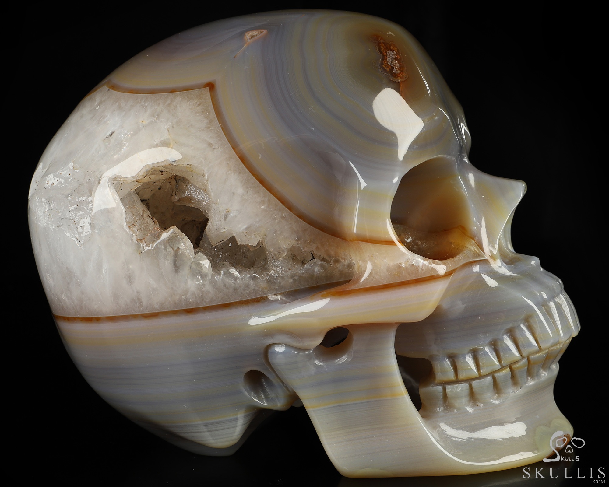 Lifesized 6.7" Agate Geode Hand Carved Crystal Skull, Super Realistic, Crystal Healing Lifesized 6.7" Agate Geode Hand Carved Crystal Skull, Super Realistic, Crystal Healing