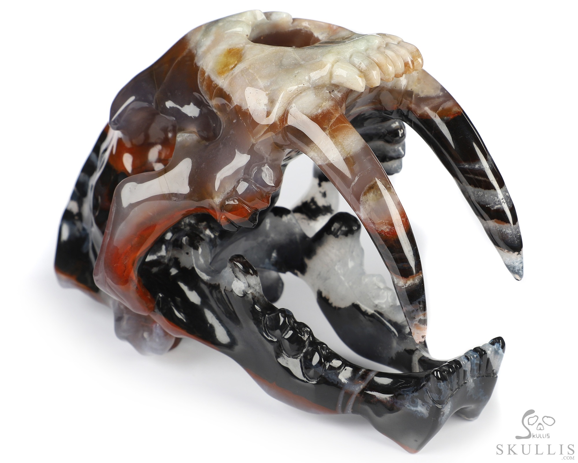 5.9" Black Zebra Agate Hand Carved Crystal Smilodon SABER-TOOTHED Tiger/Cat Skull Sculpture 5.9" Black Zebra Agate Hand Carved Crystal Smilodon SABER-TOOTHED Tiger/Cat Skull Sculpture