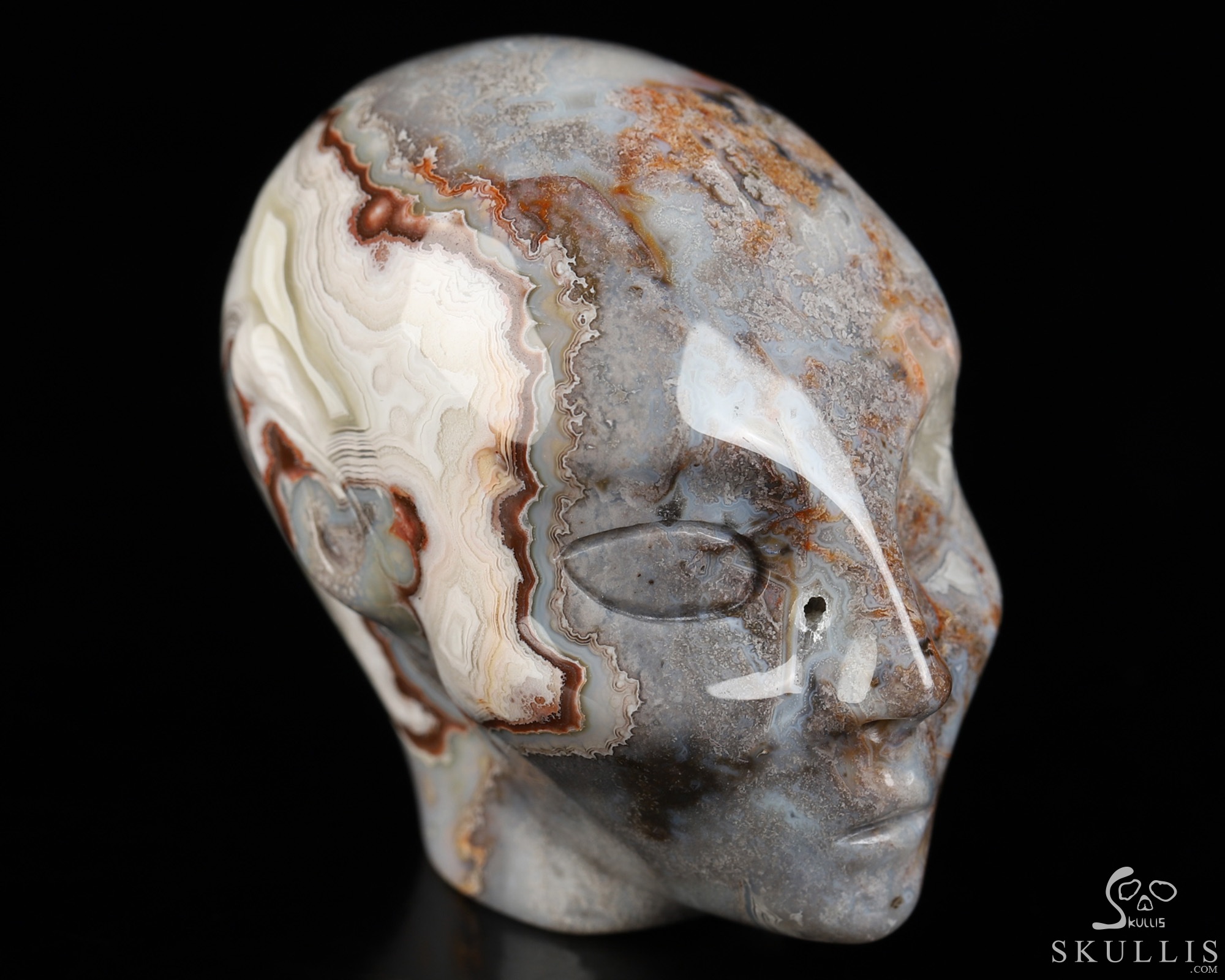 Gemstone 2.0" Red Crazy Lace Agate Hand Carved Fairy Elf Alien Crystal Skull Companion Sculpture, Crystal Healing Gemstone 2.0" Red Crazy Lace Agate Hand Carved Fairy Elf Alien Crystal Skull Companion Sculpture, Crystal Healing